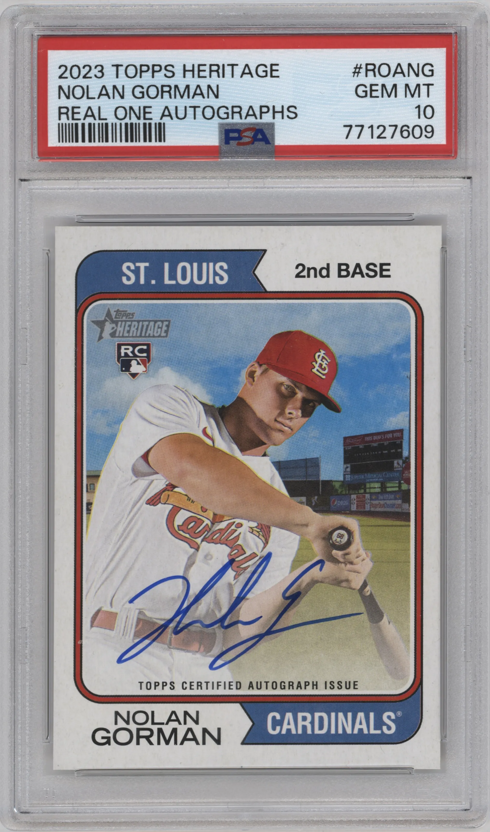 2023 Topps Heritage Real One Auto Nolan Gorman PSA 10