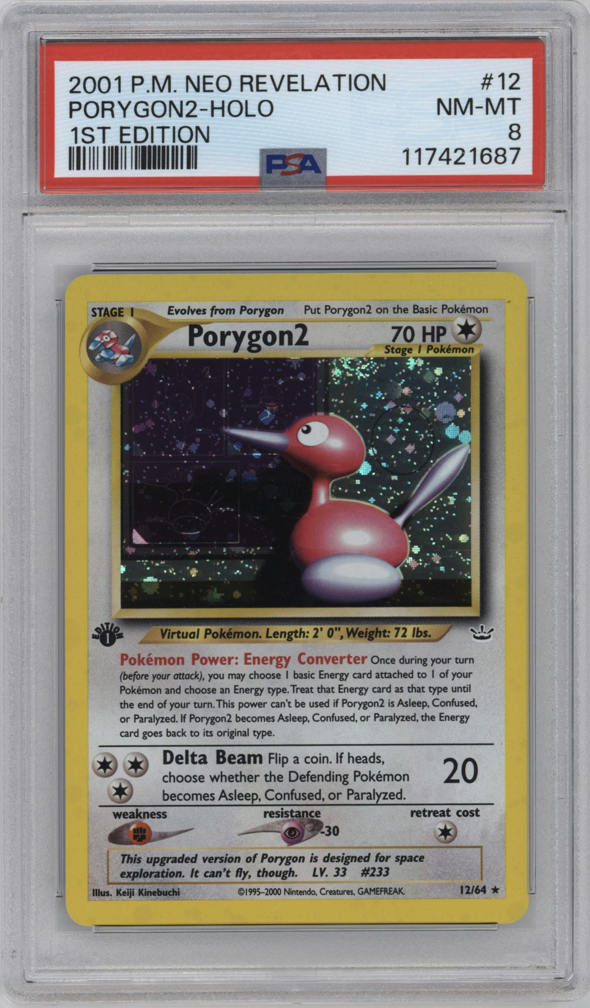 Porygon2 from the 2001 Pokemon Neo Genesis set graded by PSA and given an overall grade of 8.