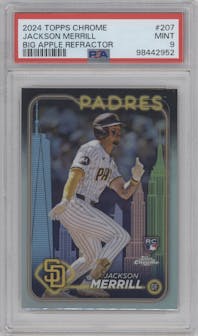 Jackson Merrill from the 2024 Topps Chrome set featuring a Big Apple Refractor parallel graded by PSA and given an overall grade of 9.