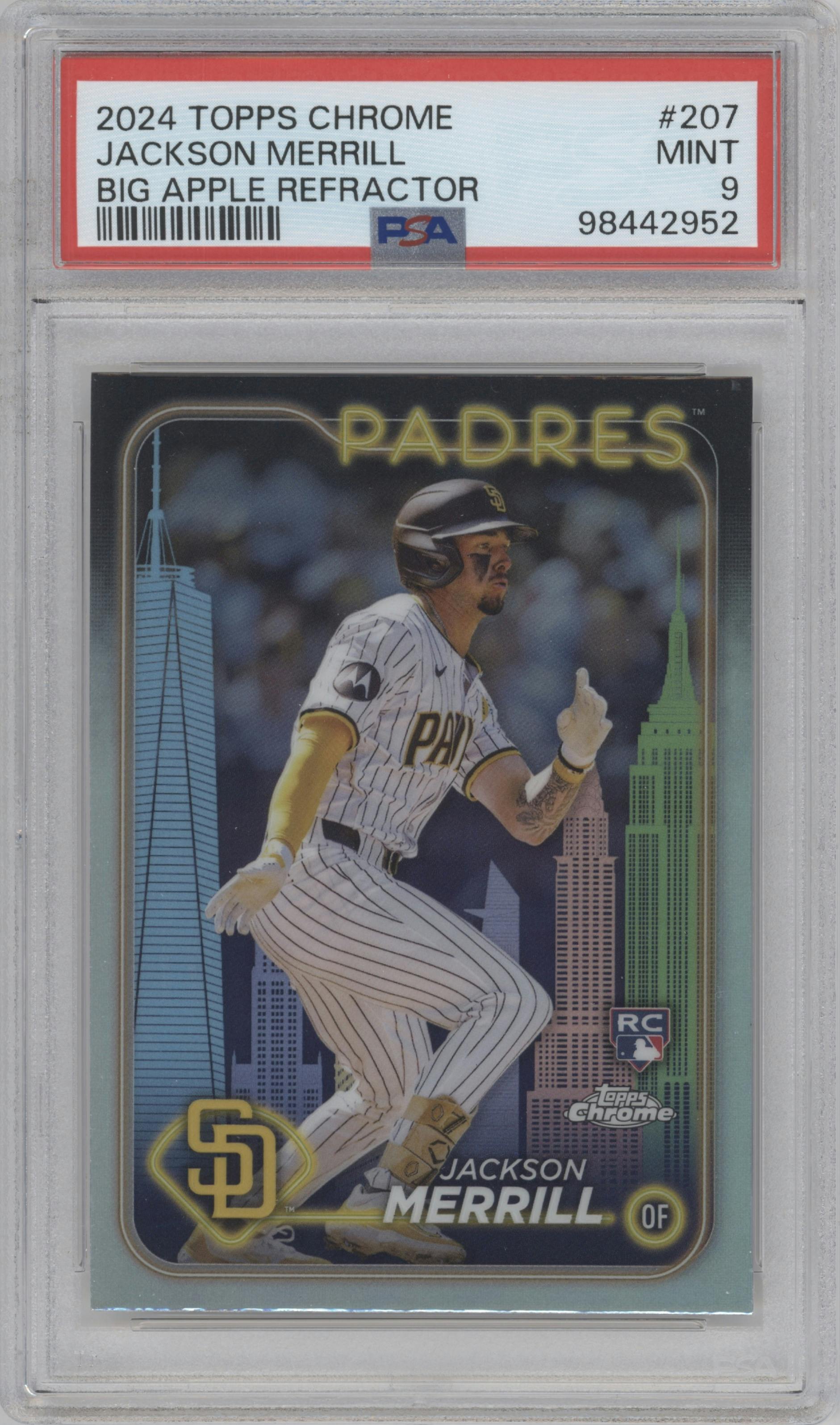Jackson Merrill from the 2024 Topps Chrome set featuring a Big Apple Refractor parallel graded by PSA and given an overall grade of 9.