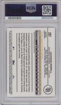 Jackson Merrill from the 2024 Topps Chrome set featuring a Big Apple Refractor parallel graded by PSA and given an overall grade of 9.