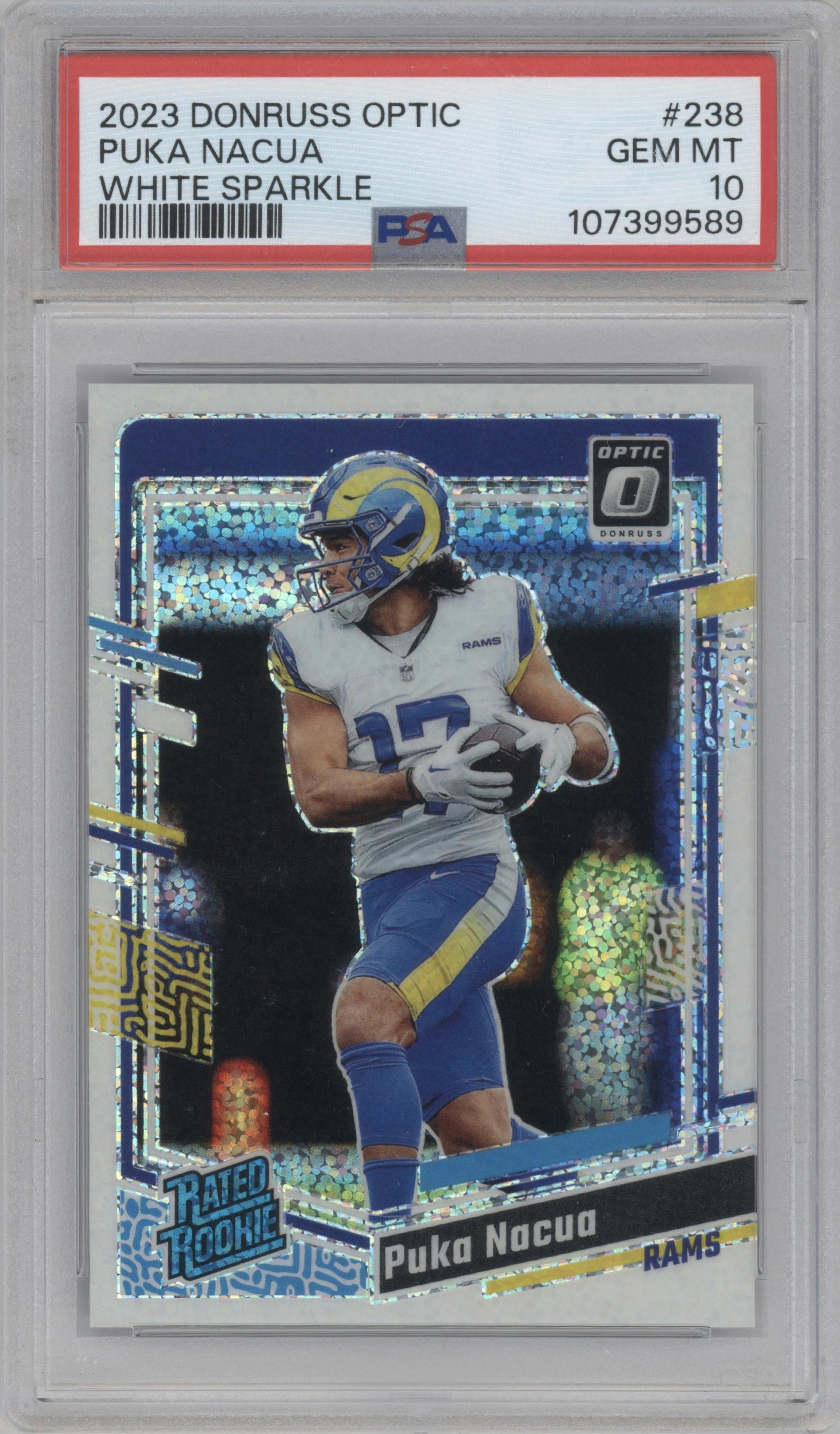 Puka Nacua from the 2023 Donruss Optic set featuring a White Sparkle parallel graded by PSA and given an overall grade of 10.