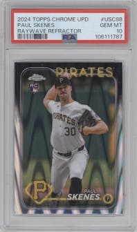 Paul Skenes from the 2024 Topps Chrome Update set featuring a RayWave Refractor parallel graded by PSA and given an overall grade of 10.