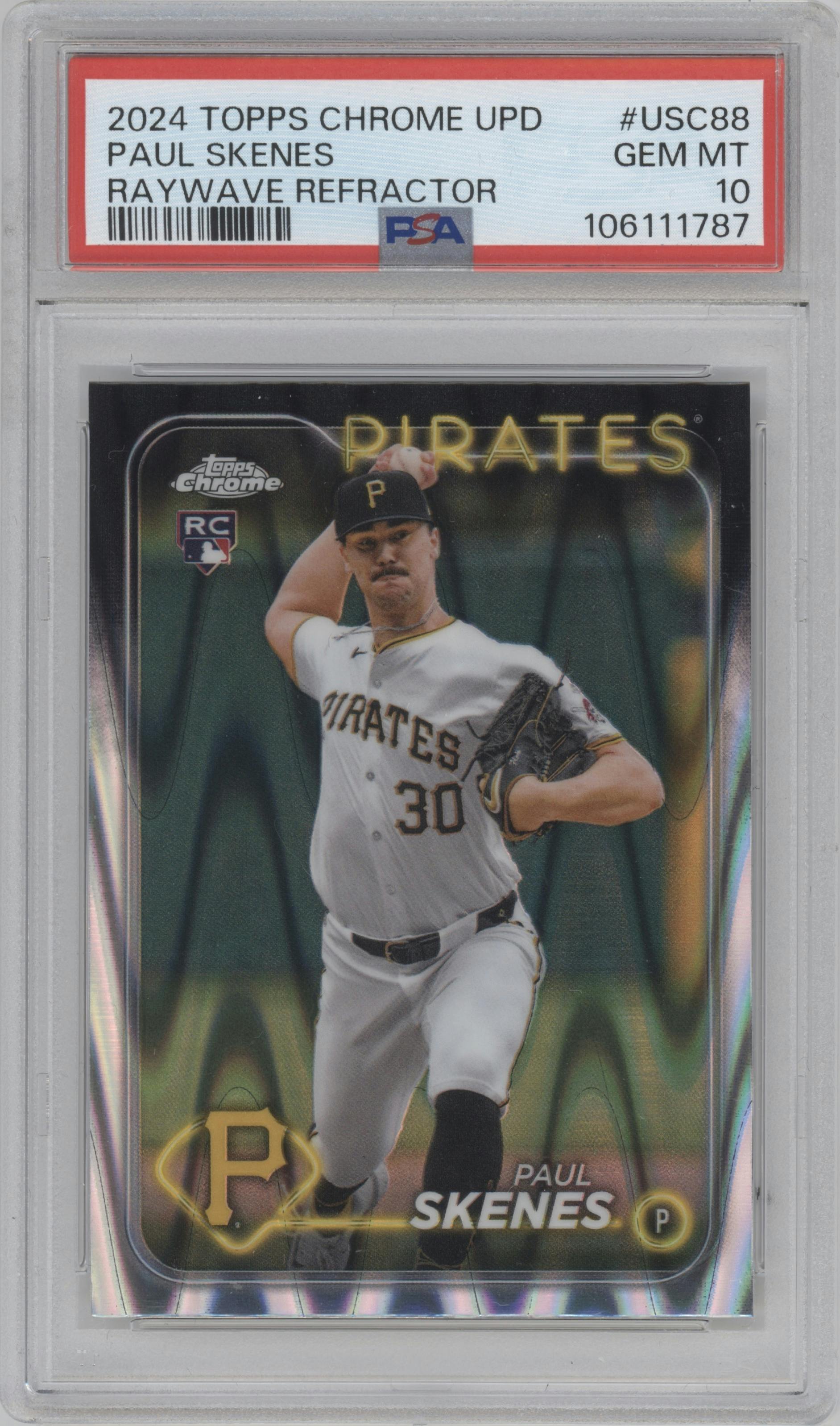 Paul Skenes from the 2024 Topps Chrome Update set featuring a RayWave Refractor parallel graded by PSA and given an overall grade of 10.