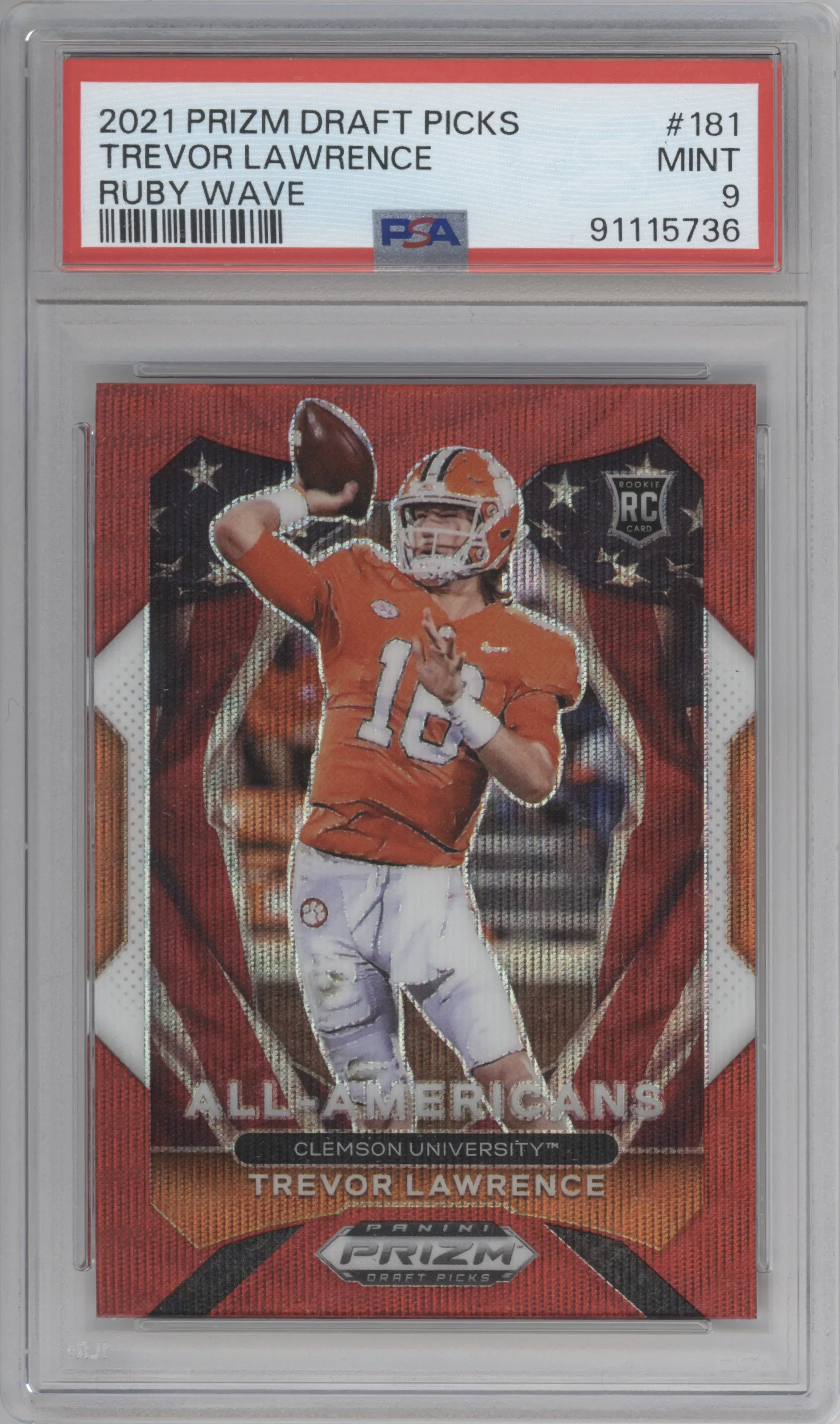 2021 Panini Prizm Draft Picks Trevor Lawrence Ruby Wave PSA 9