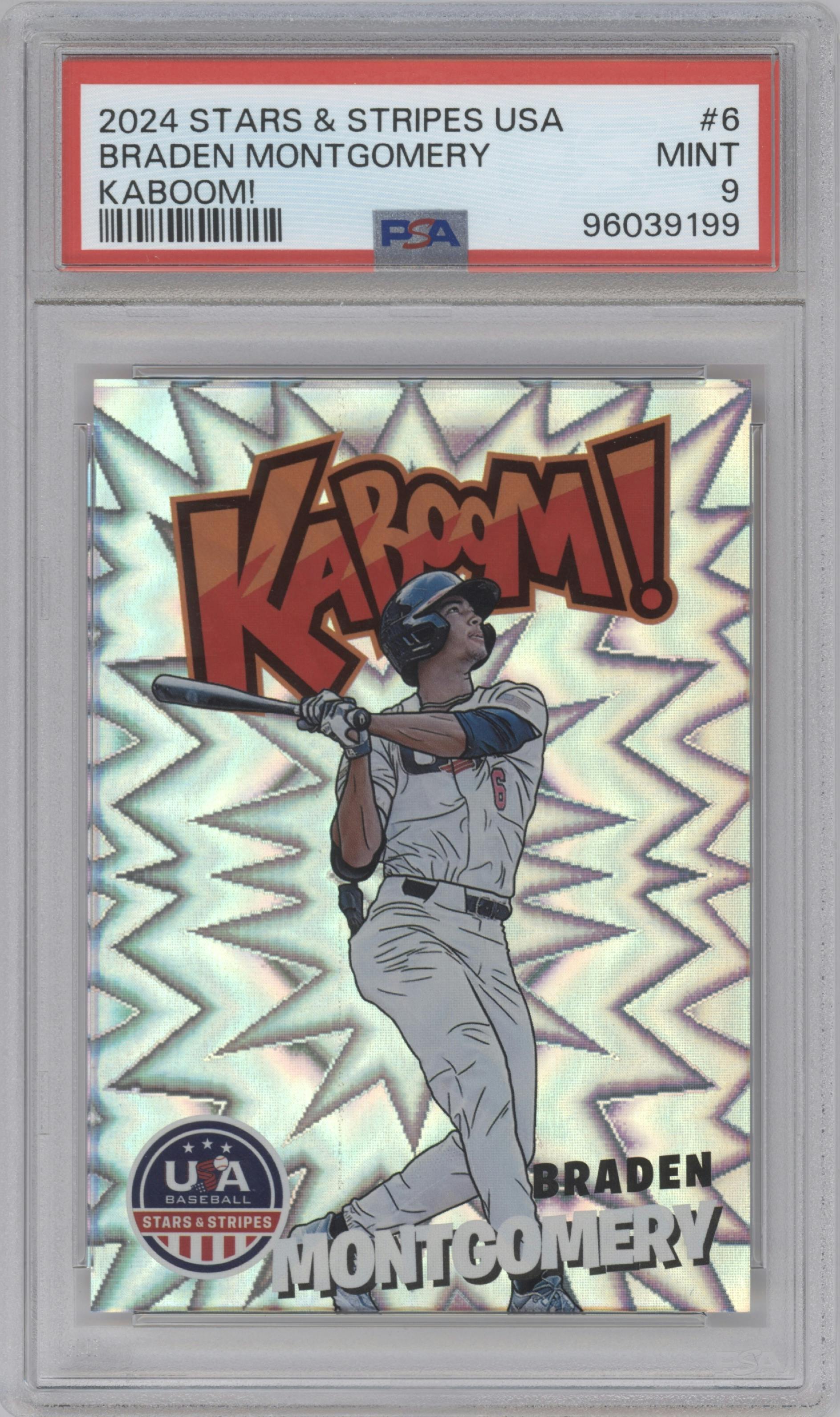 Braden Montgomery from the 2024 Panini Stars & Stripes USA Baseball set graded by PSA and given an overall grade of 9.