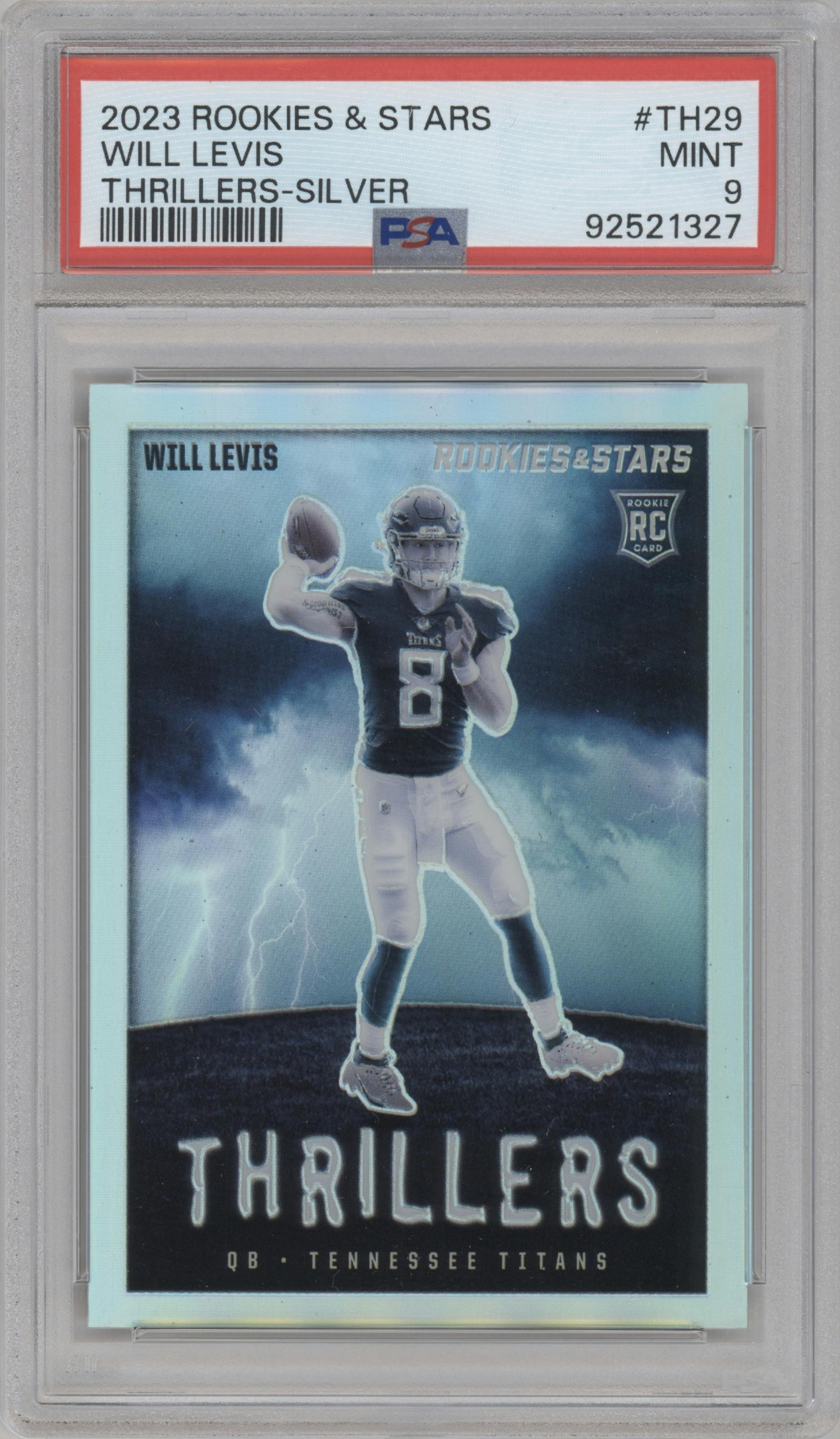 Will Levis from the 2023 Panini Rookies & Stars set featuring a Silver parallel graded by PSA and given an overall grade of 9.