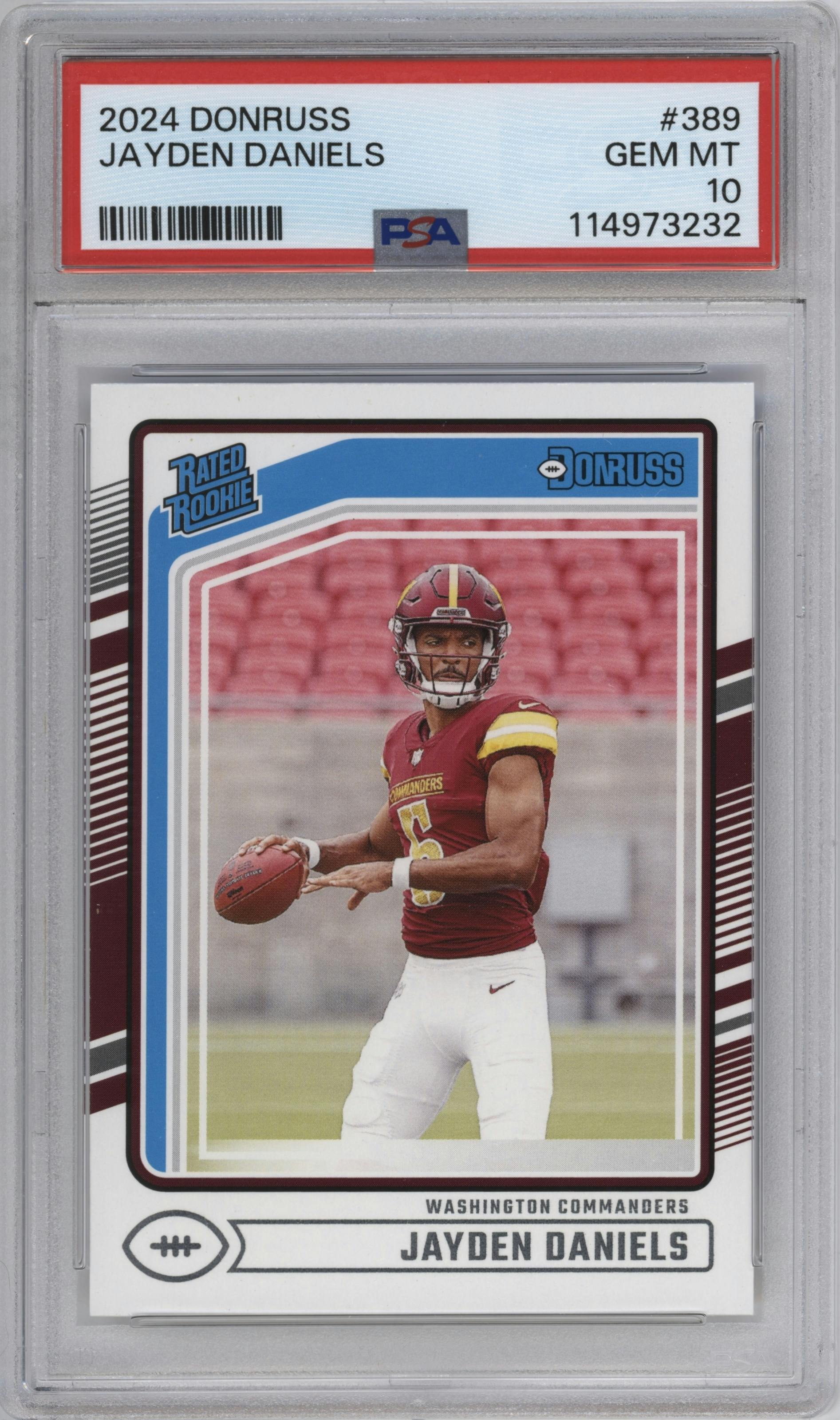 Jayden Daniels from the 2024 Donruss set graded by PSA and given an overall grade of 10.