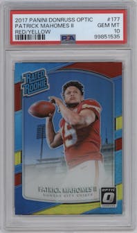 Patrick Mahomes II from the 2017 Panini Donruss Optic set featuring a Red/Yellow parallel graded by PSA and given an overall grade of 10.