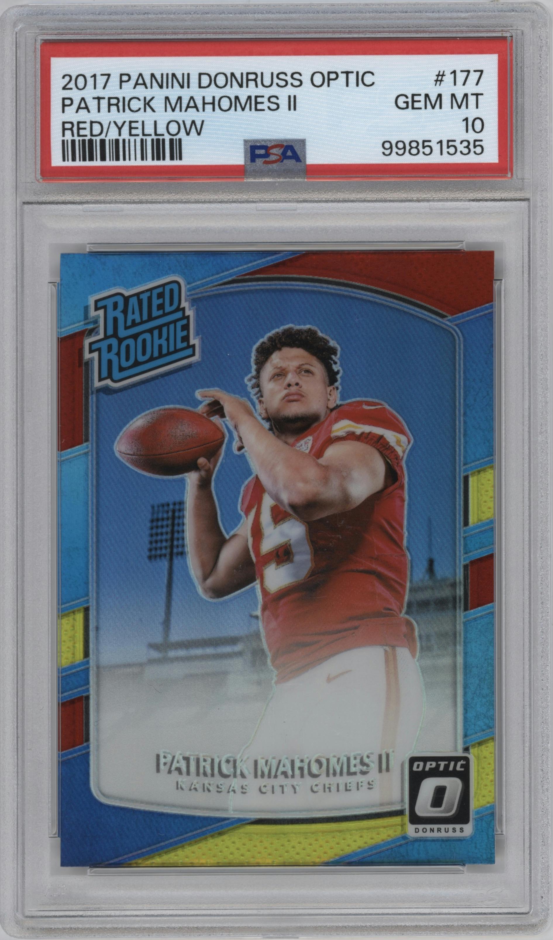 Patrick Mahomes II from the 2017 Panini Donruss Optic set featuring a Red/Yellow parallel graded by PSA and given an overall grade of 10.