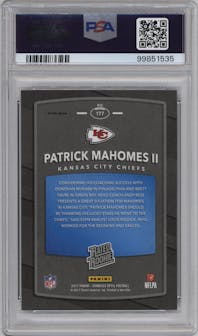 Patrick Mahomes II from the 2017 Panini Donruss Optic set featuring a Red/Yellow parallel graded by PSA and given an overall grade of 10.