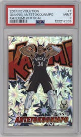 Giannis Antetokounmp from the 2024-25 Panini Revolution set graded by PSA and given an overall grade of 9.