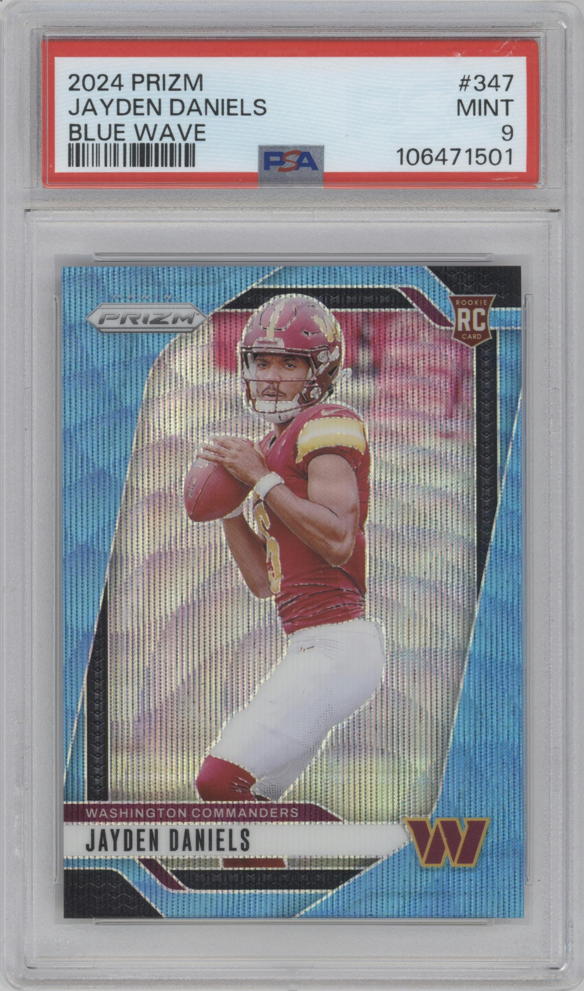 Jayden Daniels from the 2024 Panini Prizm set featuring a Blue Wave Prizm parallel graded by PSA and given an overall grade of 9.