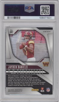 Jayden Daniels from the 2024 Panini Prizm set featuring a Blue Wave Prizm parallel graded by PSA and given an overall grade of 9.