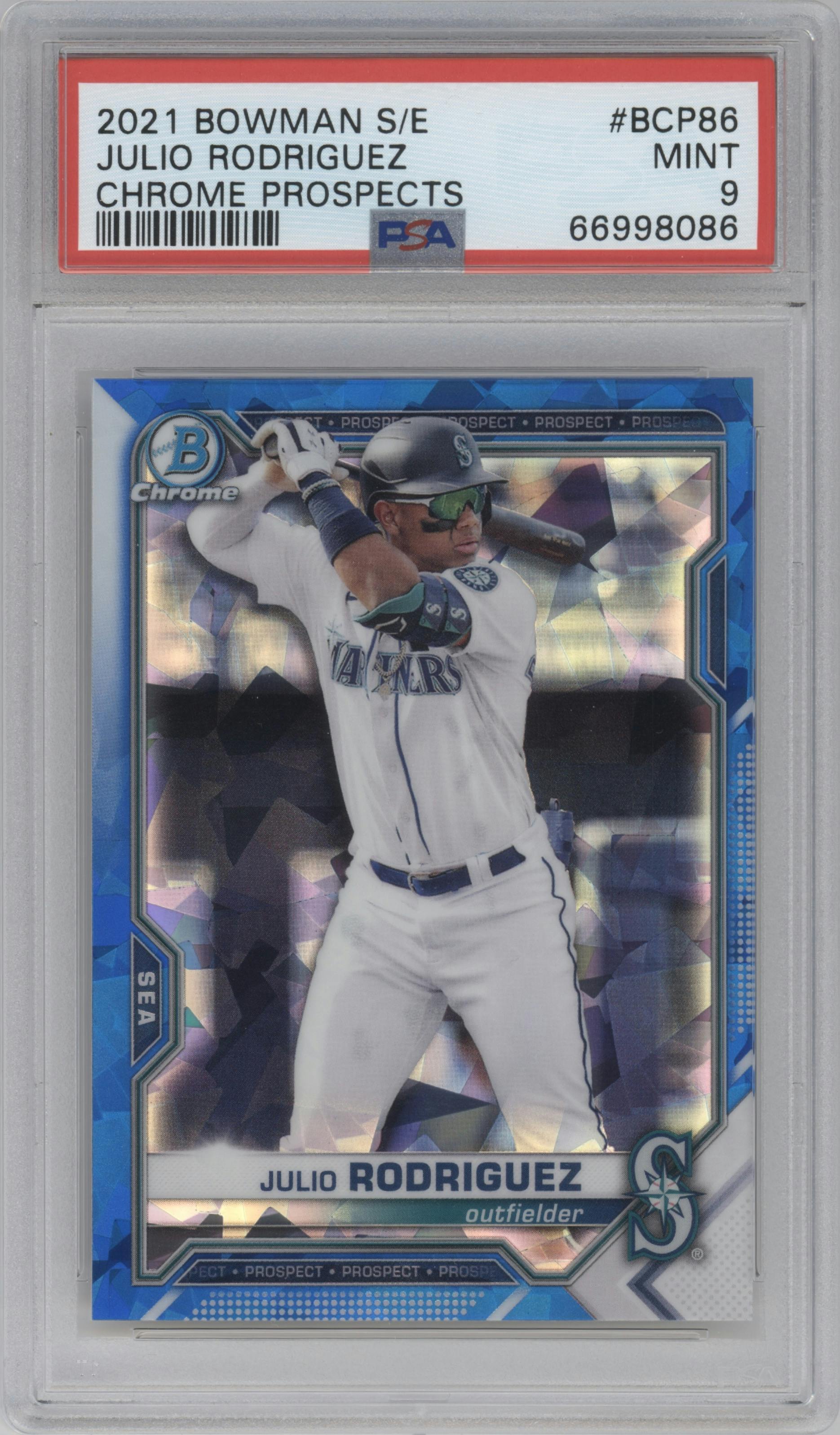 Julio Rodriguez from the 2021 Bowman Sapphire Edition set graded by PSA and given an overall grade of 9.