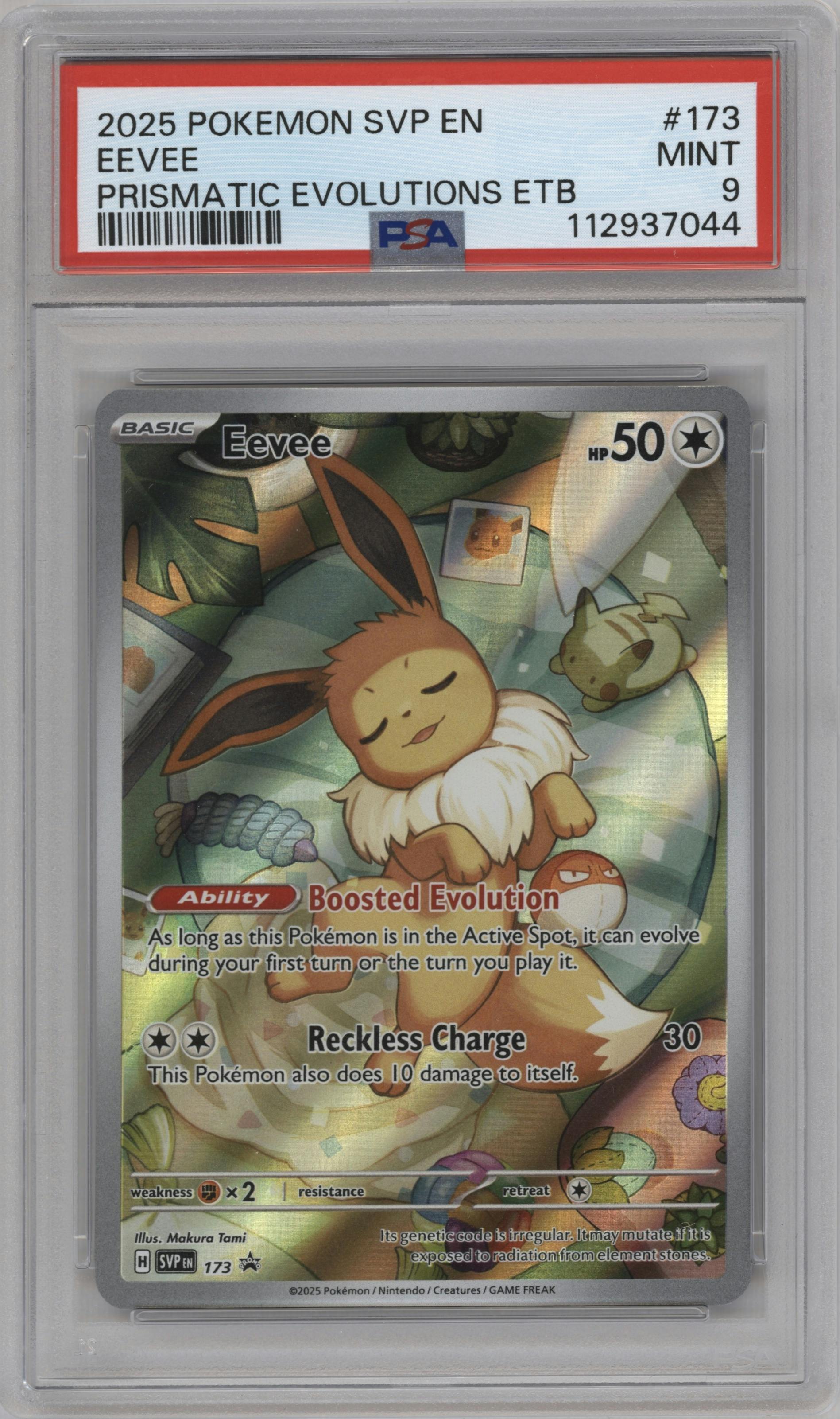 Eevee from the 2025 Pokemon SV set featuring a Prismatic Evolutions Elite Trainer Box parallel graded by PSA and given an overall grade of 9.