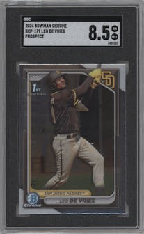 Leo De Vries from the 2024 Bowman Chrome set graded by SGC and given an overall grade of 8.5.