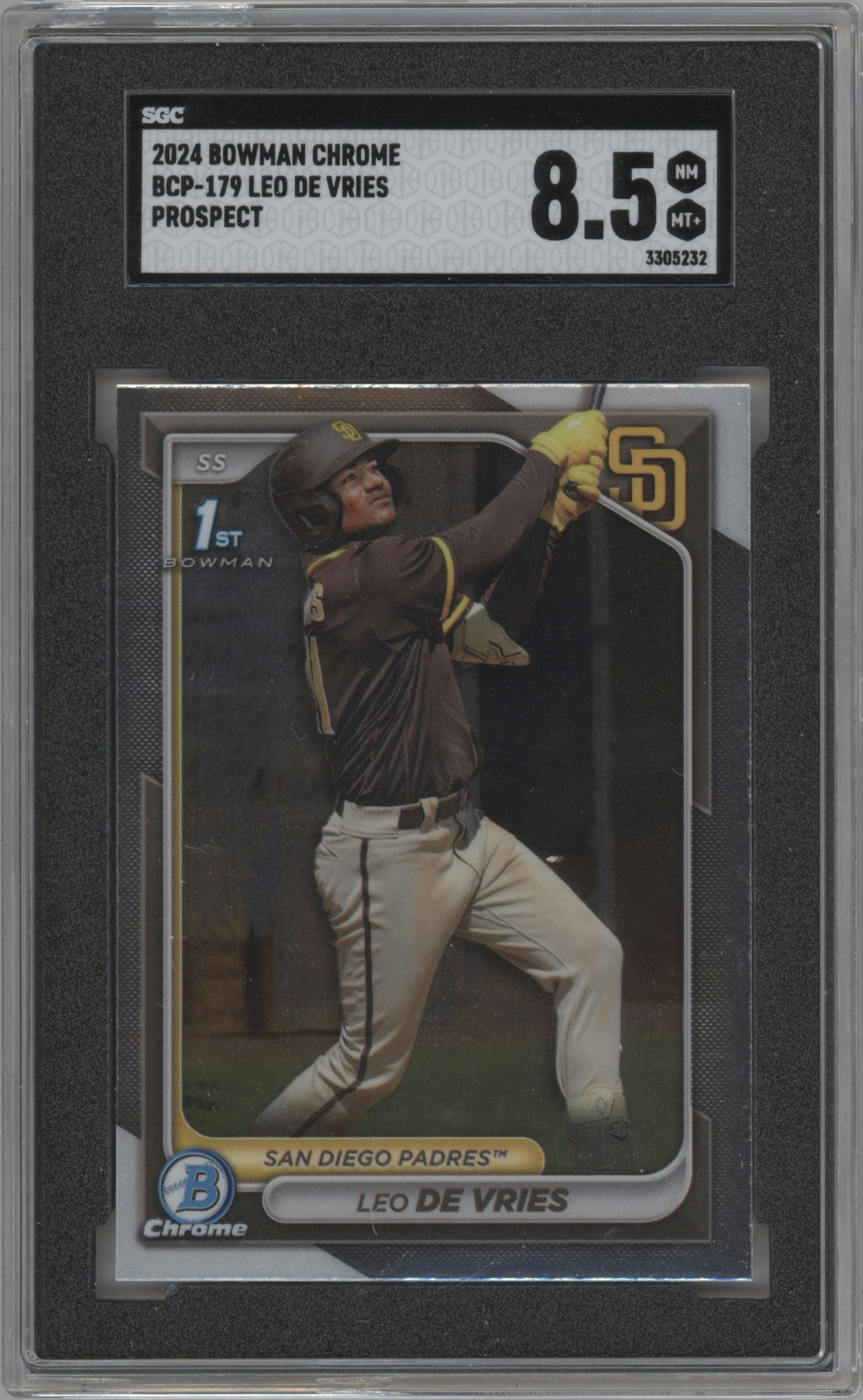 Leo De Vries from the 2024 Bowman Chrome set graded by SGC and given an overall grade of 8.5.