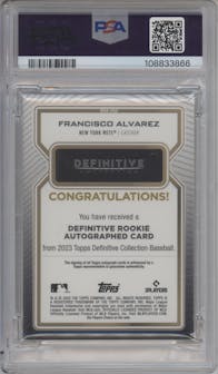 Francisco Alvarez from the 2023 Topps Definitive Collection set graded by PSA and given an overall grade of 10.