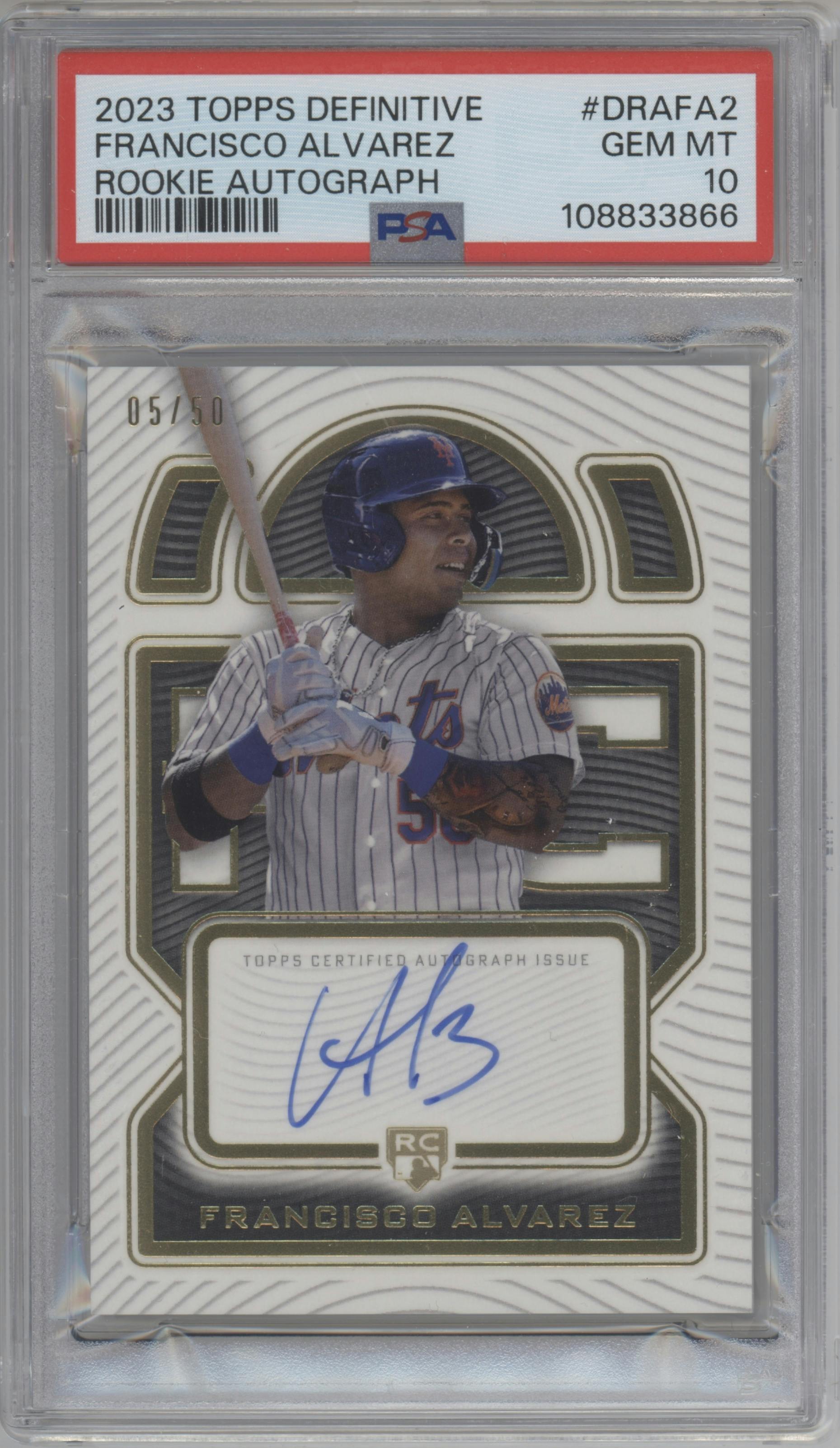 Francisco Alvarez from the 2023 Topps Definitive Collection set graded by PSA and given an overall grade of 10.