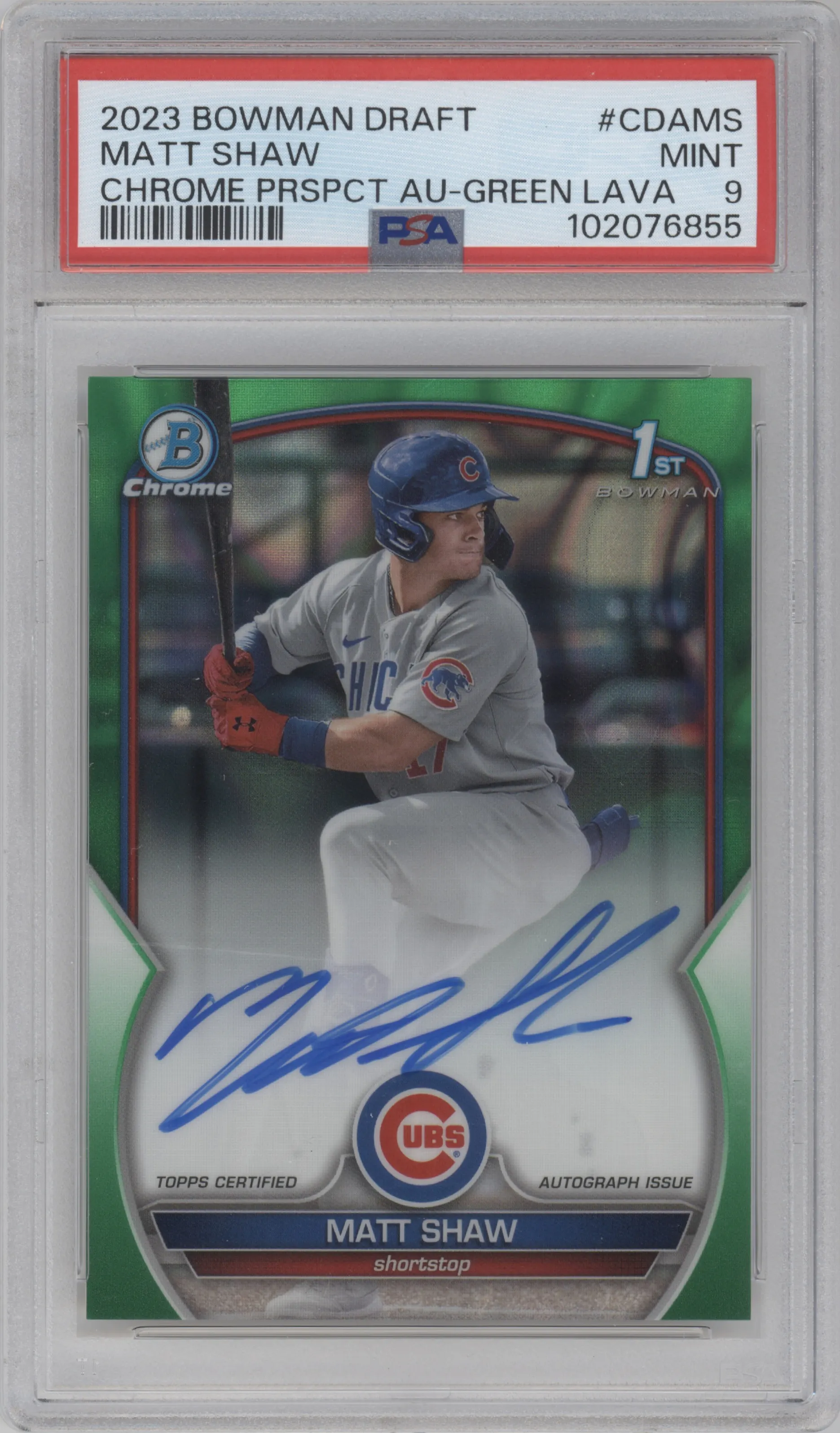 2023 Bowman Draft Chr.Pros.Auto Matt Shaw Green Lava Refractor PSA 9