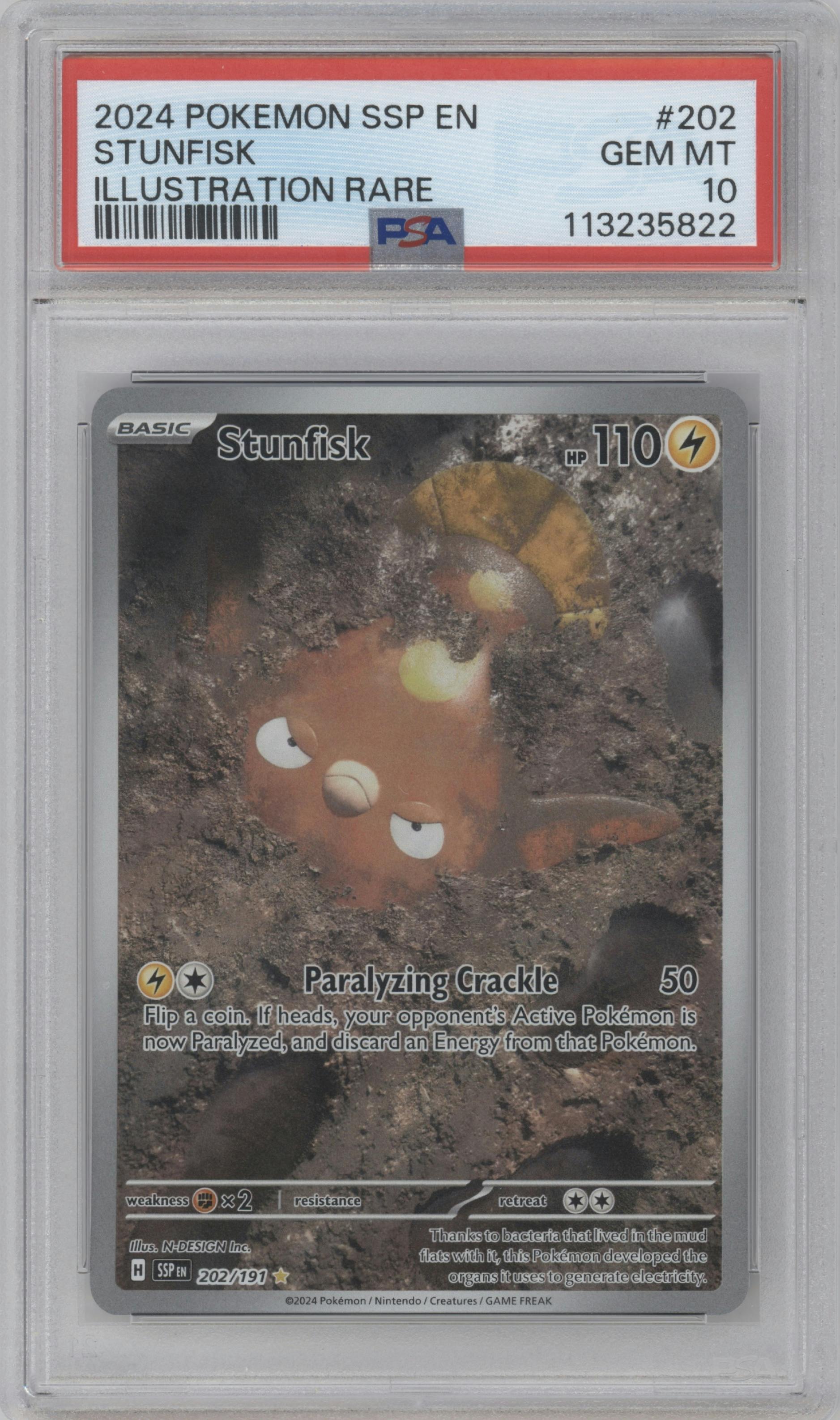 Stunfisk from the 2024 Pokemon SV set graded by PSA and given an overall grade of 10.