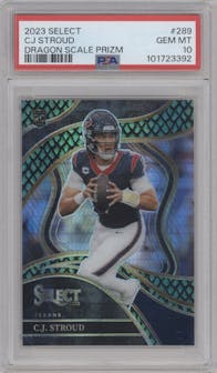 C.J. Stroud from the 2023 Panini Select set featuring a Dragon Scale parallel graded by PSA and given an overall grade of 10.