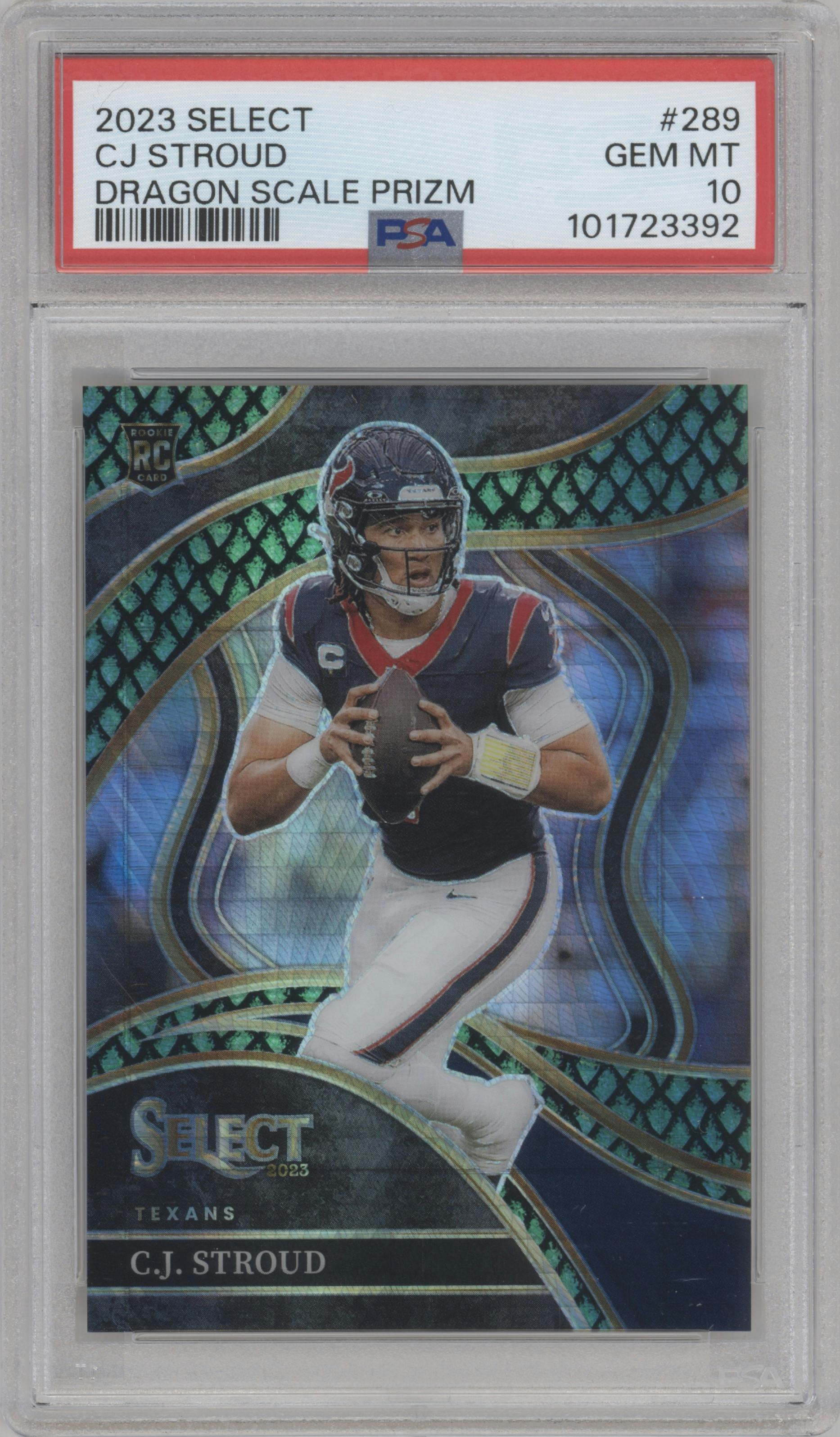 C.J. Stroud from the 2023 Panini Select set featuring a Dragon Scale parallel graded by PSA and given an overall grade of 10.