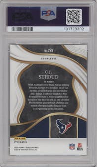 C.J. Stroud from the 2023 Panini Select set featuring a Dragon Scale parallel graded by PSA and given an overall grade of 10.