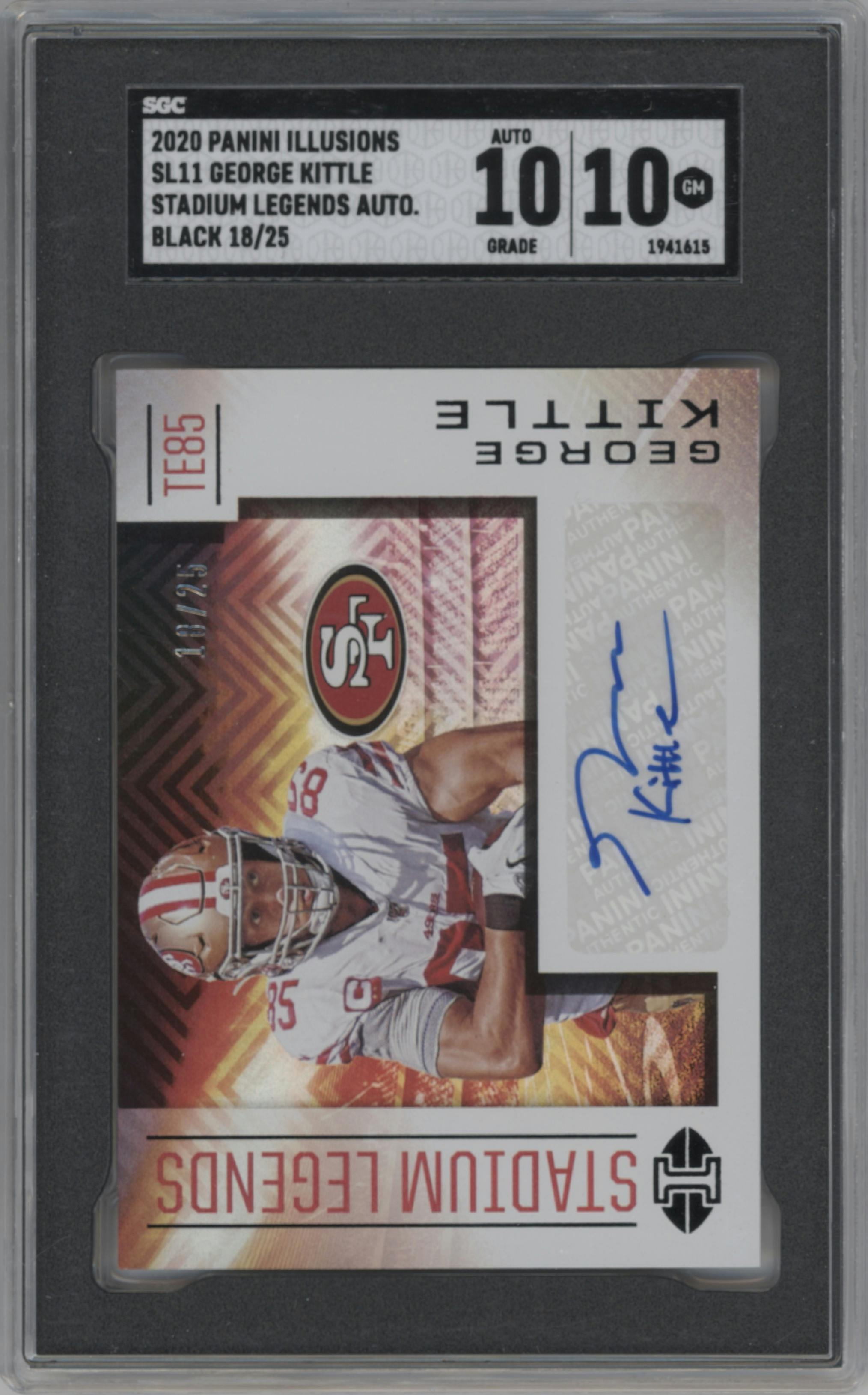 George Kittle from the 2020 Panini Illusions set featuring a Black parallel graded by SGC and given an overall grade of 10.