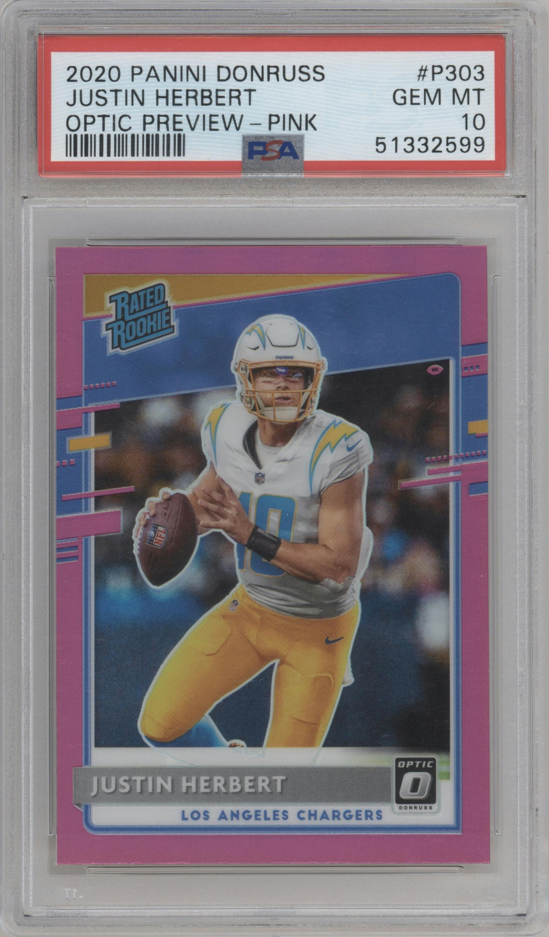 Justin Herbert from the 2020 Panini Donruss set featuring a Pink parallel graded by PSA and given an overall grade of 10.