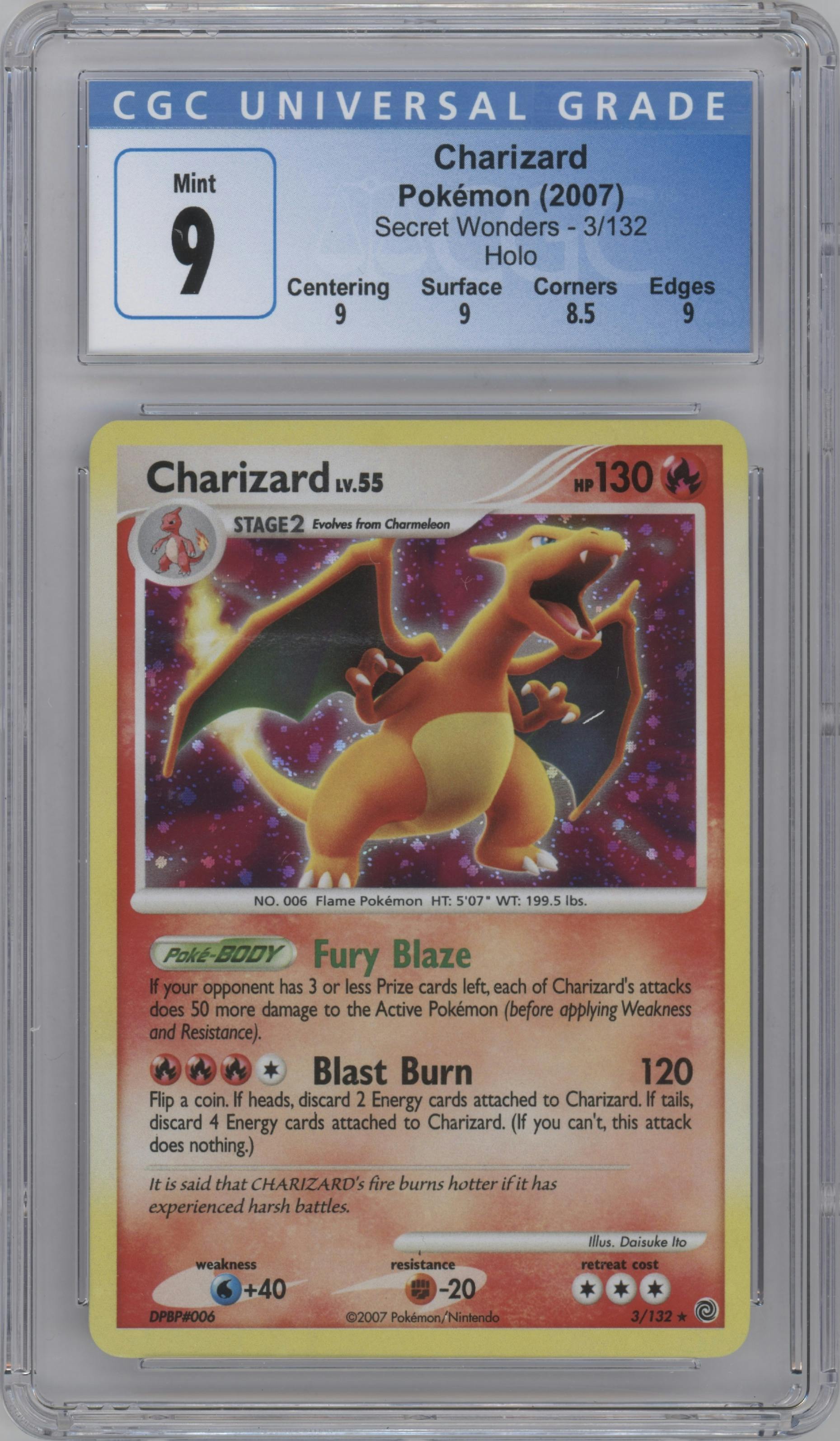 Charizard from the 2007 Pokemon D&P set graded by CSG and given an overall grade of 9.