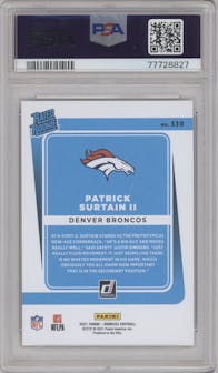 Patrick Surtain II from the 2021 Panini Donruss set featuring a Press Proof Premium parallel graded by PSA and given an overall grade of 9.