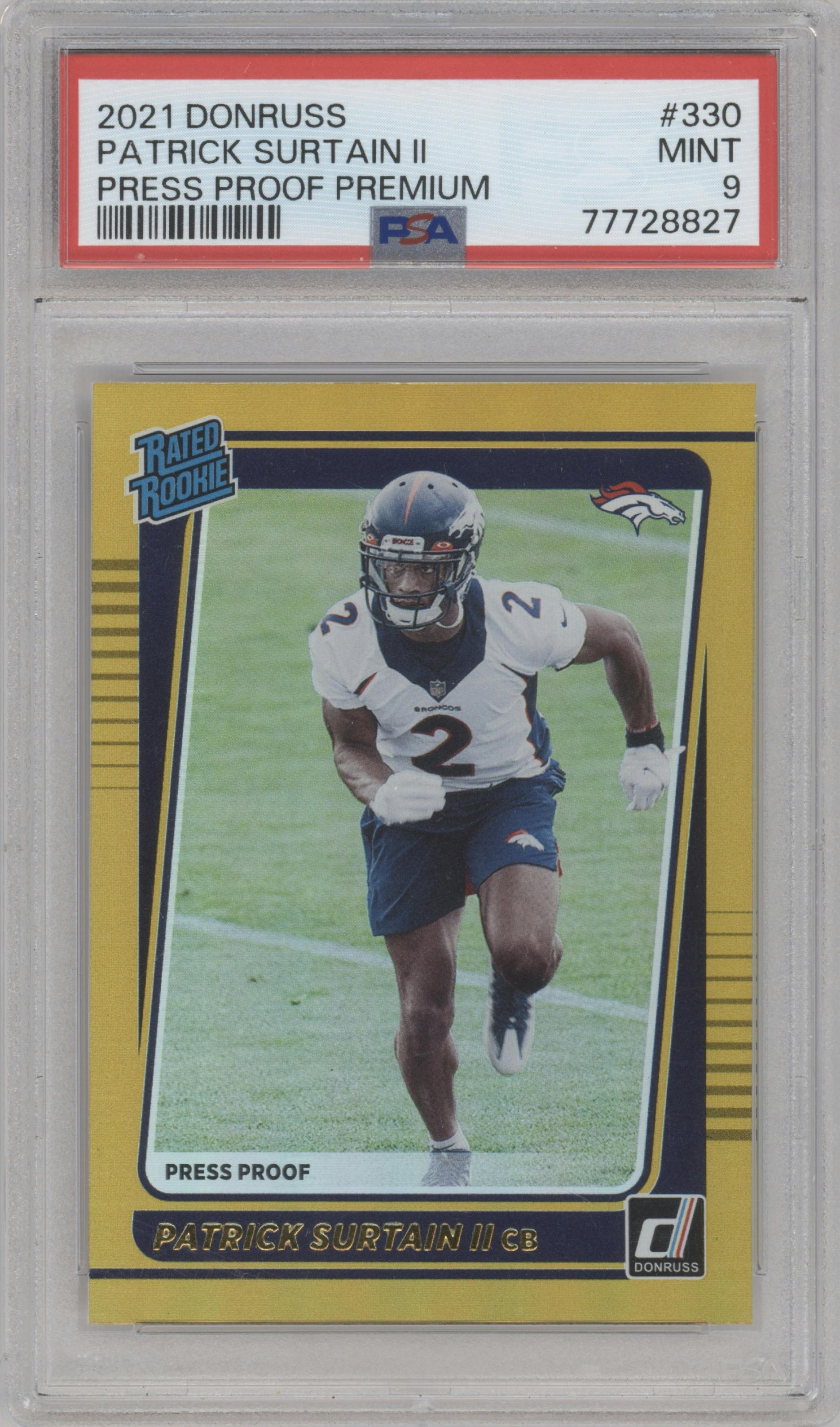 Patrick Surtain II from the 2021 Panini Donruss set featuring a Press Proof Premium parallel graded by PSA and given an overall grade of 9.