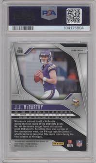 J.J. McCarthy from the 2024 Panini Prizm set featuring a Green Scope parallel graded by PSA and given an overall grade of 9.