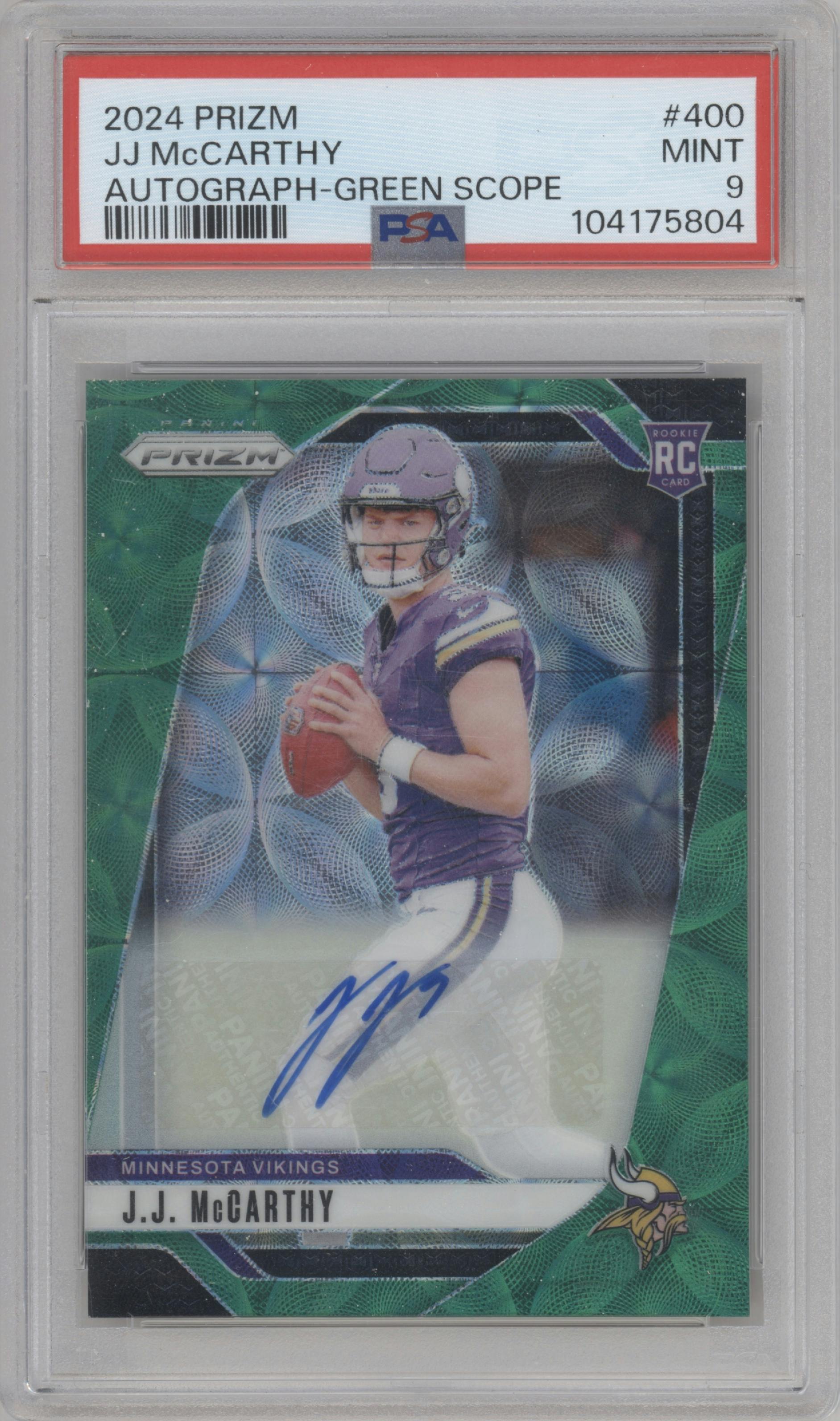 J.J. McCarthy from the 2024 Panini Prizm set featuring a Green Scope parallel graded by PSA and given an overall grade of 9.