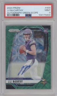 J.J. McCarthy from the 2024 Panini Prizm set featuring a Green Scope parallel graded by PSA and given an overall grade of 9.