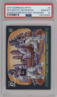 J.J. McCarthy/Justin Jefferson from the 2024 Donruss Optic set featuring a Black Pandora parallel graded by PSA and given an overall grade of 10.
