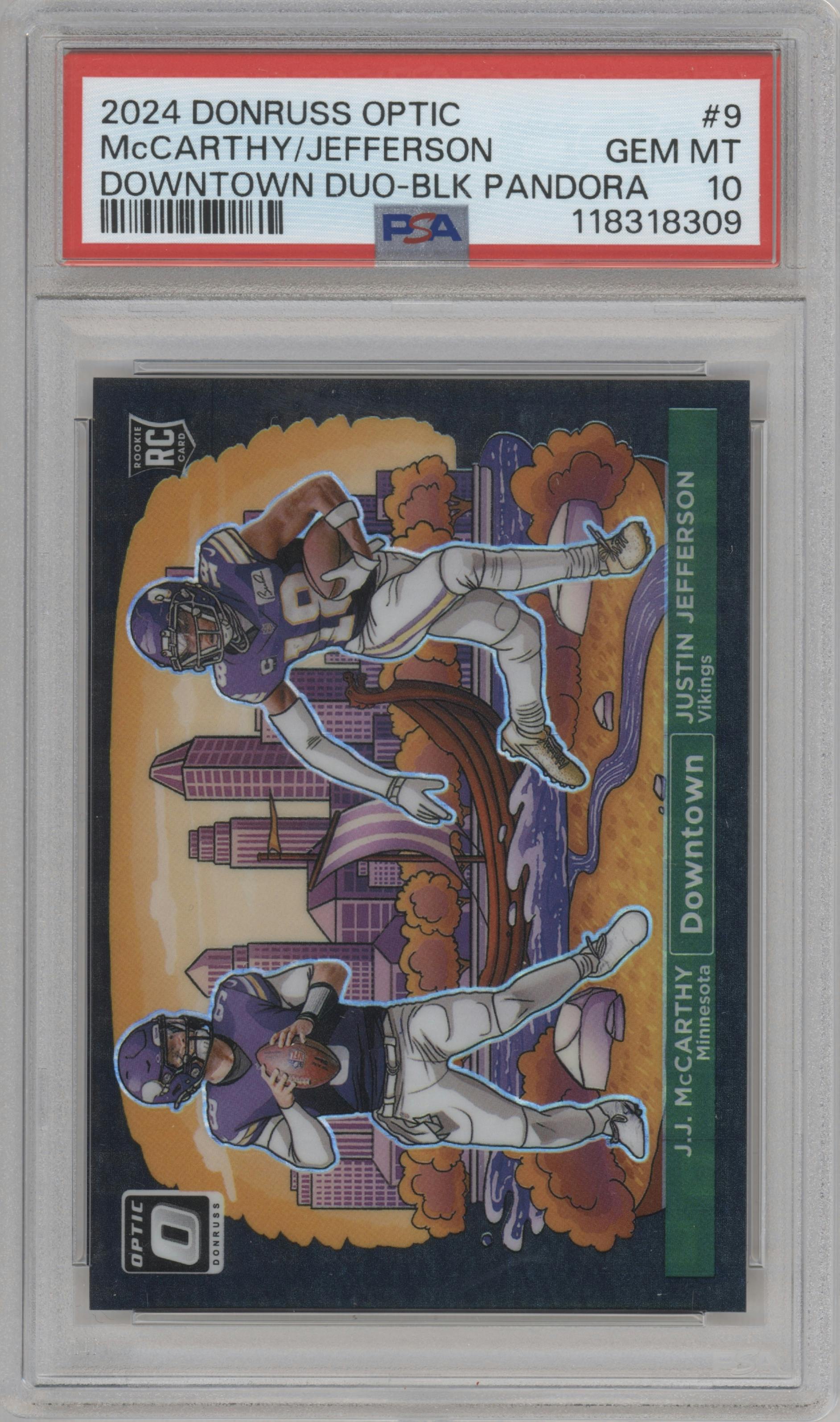 J.J. McCarthy/Justin Jefferson from the 2024 Donruss Optic set featuring a Black Pandora parallel graded by PSA and given an overall grade of 10.
