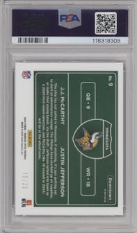 J.J. McCarthy/Justin Jefferson from the 2024 Donruss Optic set featuring a Black Pandora parallel graded by PSA and given an overall grade of 10.