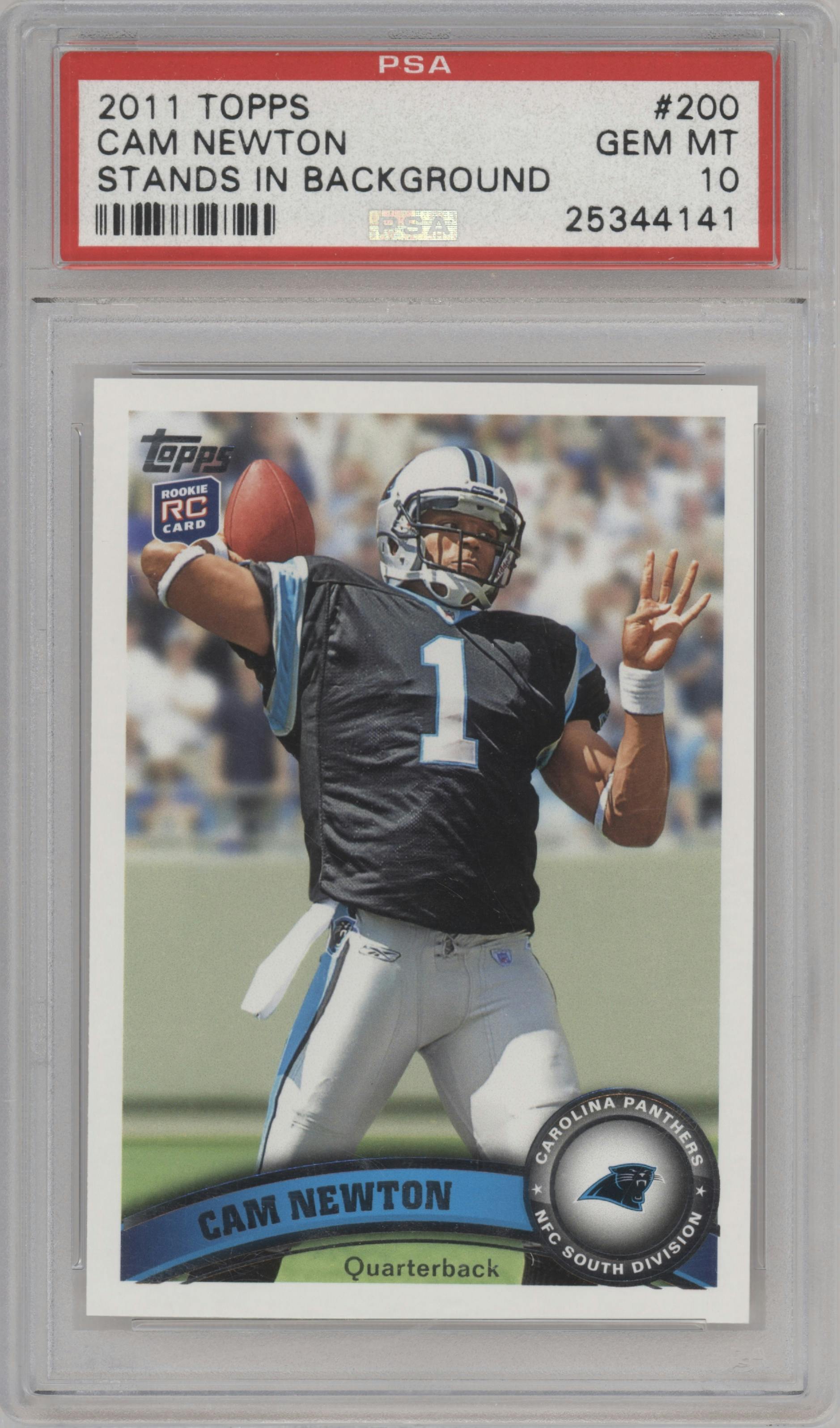 Cam Newton from the 2011 Topps set graded by PSA and given an overall grade of 10.