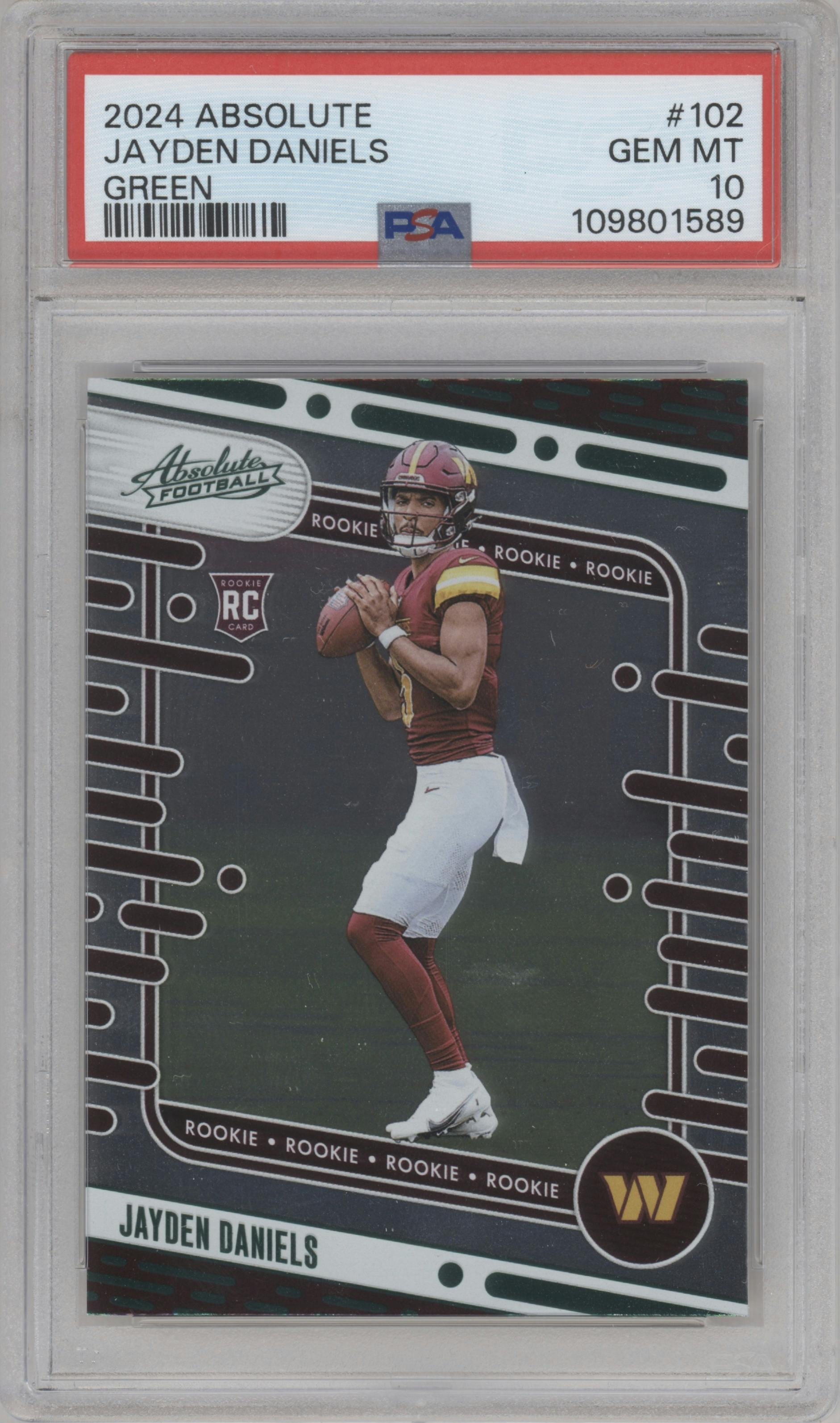 Jayden Daniels from the 2024 Panini Absolute set featuring a Green parallel graded by PSA and given an overall grade of 10.