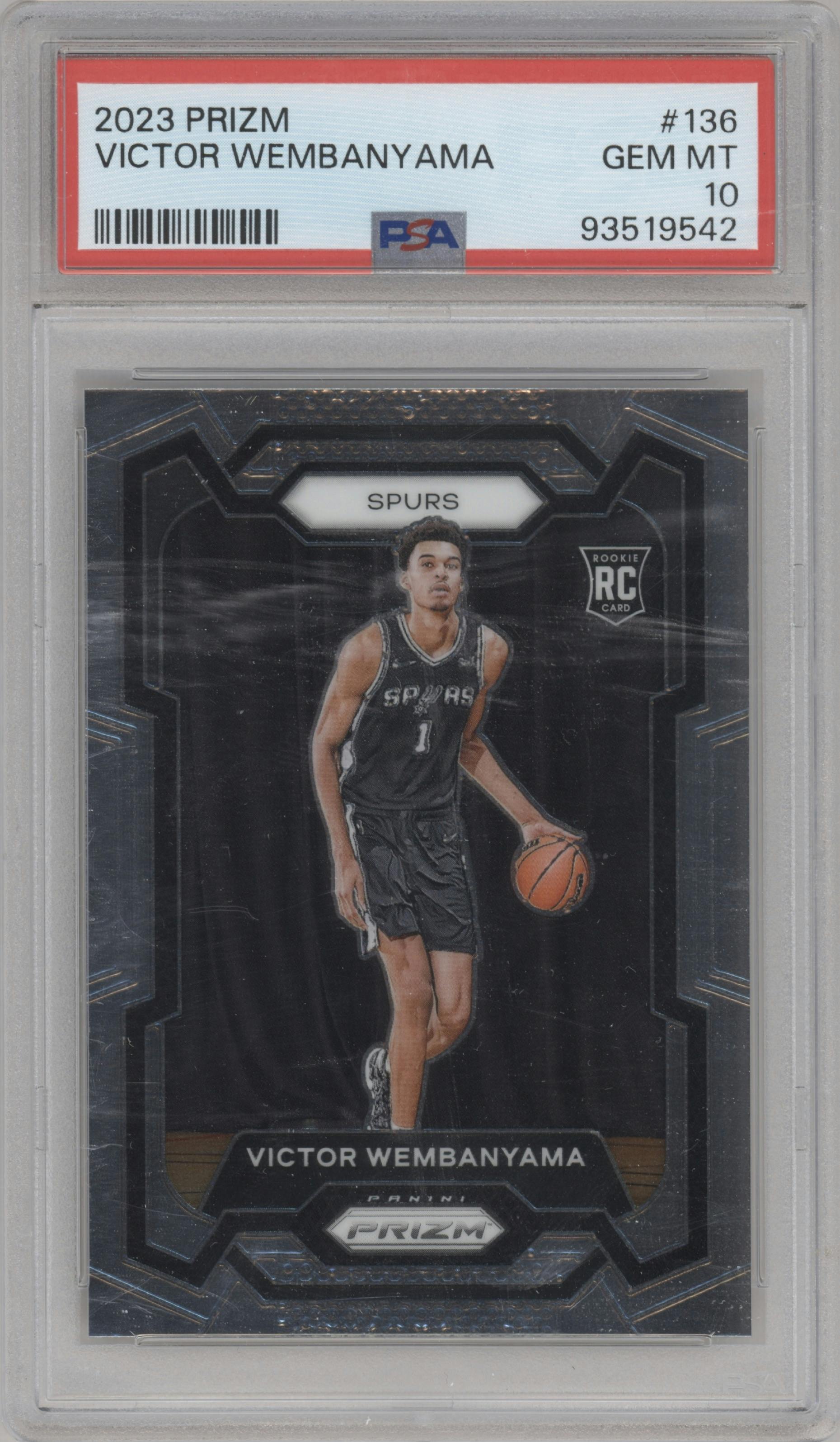 Victor Wembanyama from the 2023-24 Panini Prizm set graded by PSA and given an overall grade of 10.