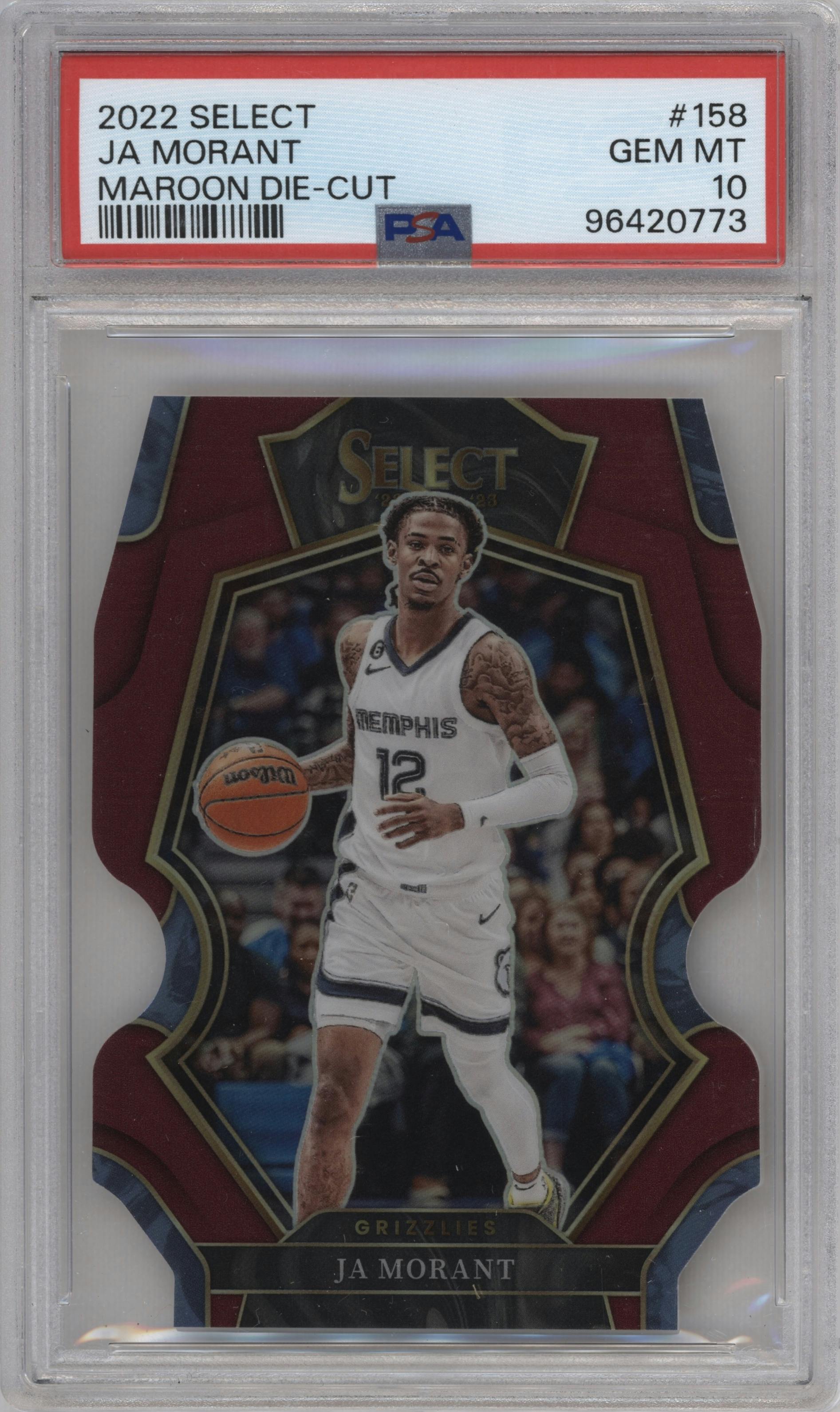 Ja Morant from the 2022-23 Panini Select set featuring a Die-Cut Maroon parallel graded by PSA and given an overall grade of 10.