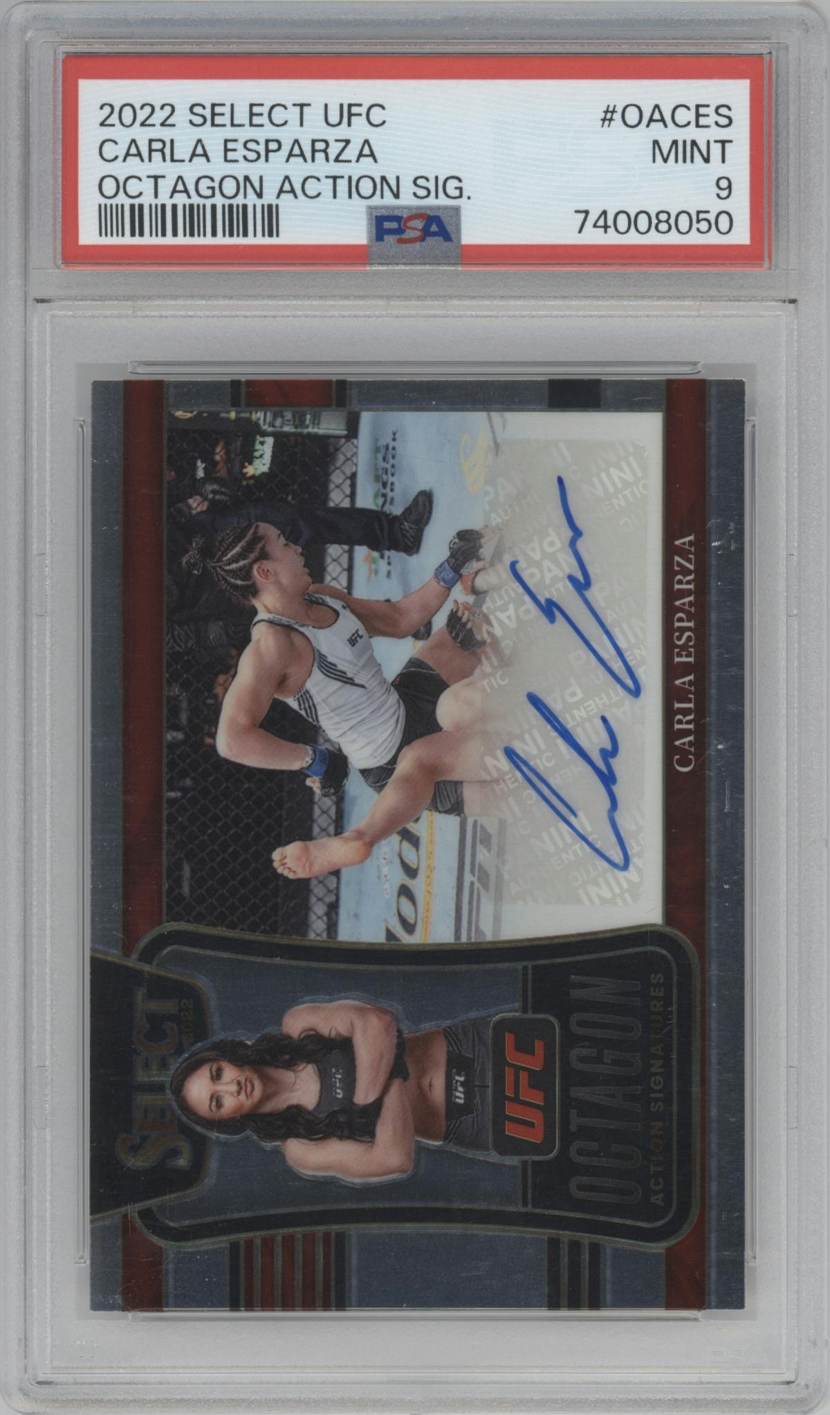 Carla Esparza from the 2022 Panini Select UFC  set graded by PSA and given an overall grade of 9.