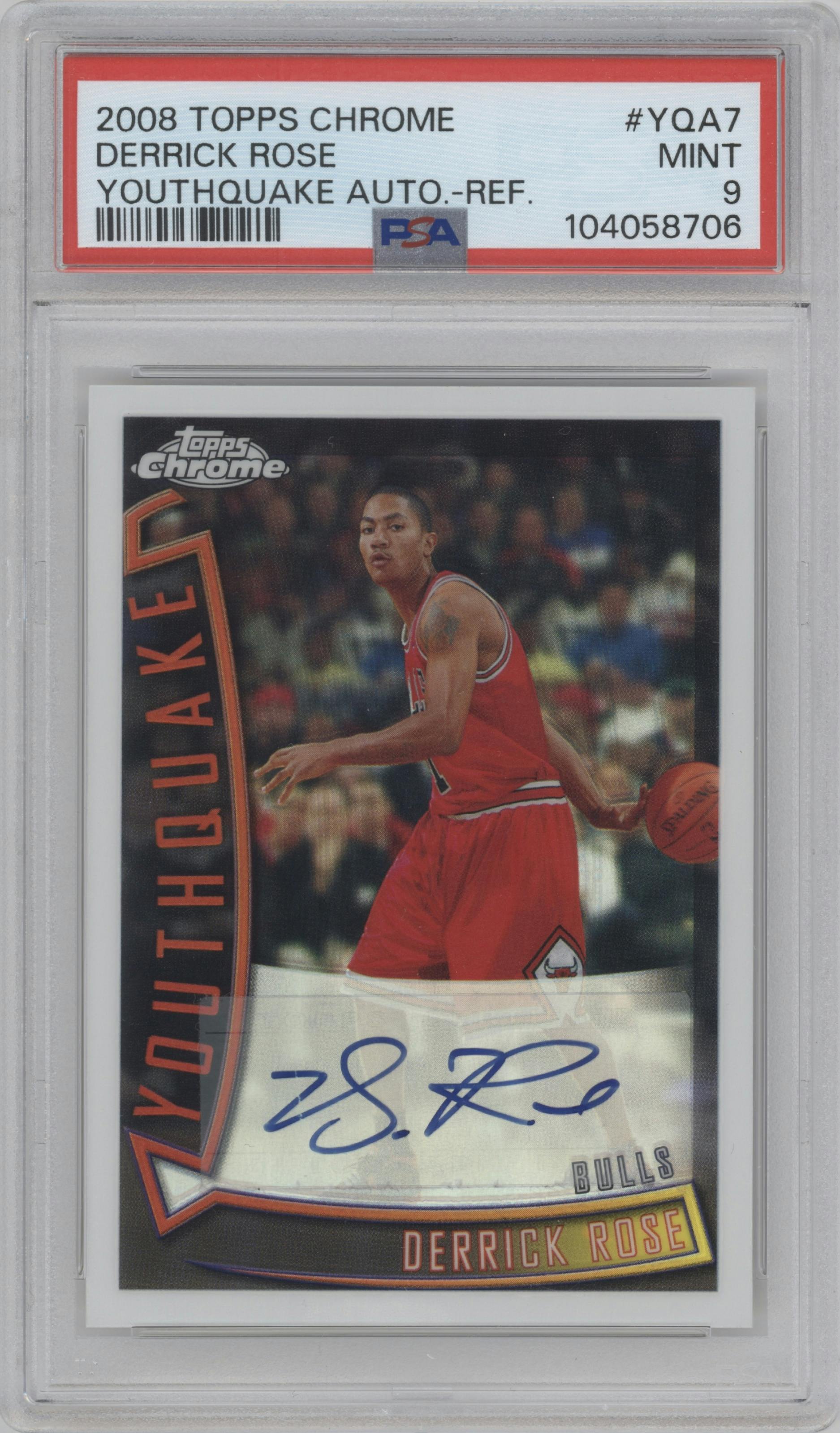 Derrick Rose from the 2008-09 Topps Chrome  set featuring a Refractors parallel graded by PSA and given an overall grade of 9.