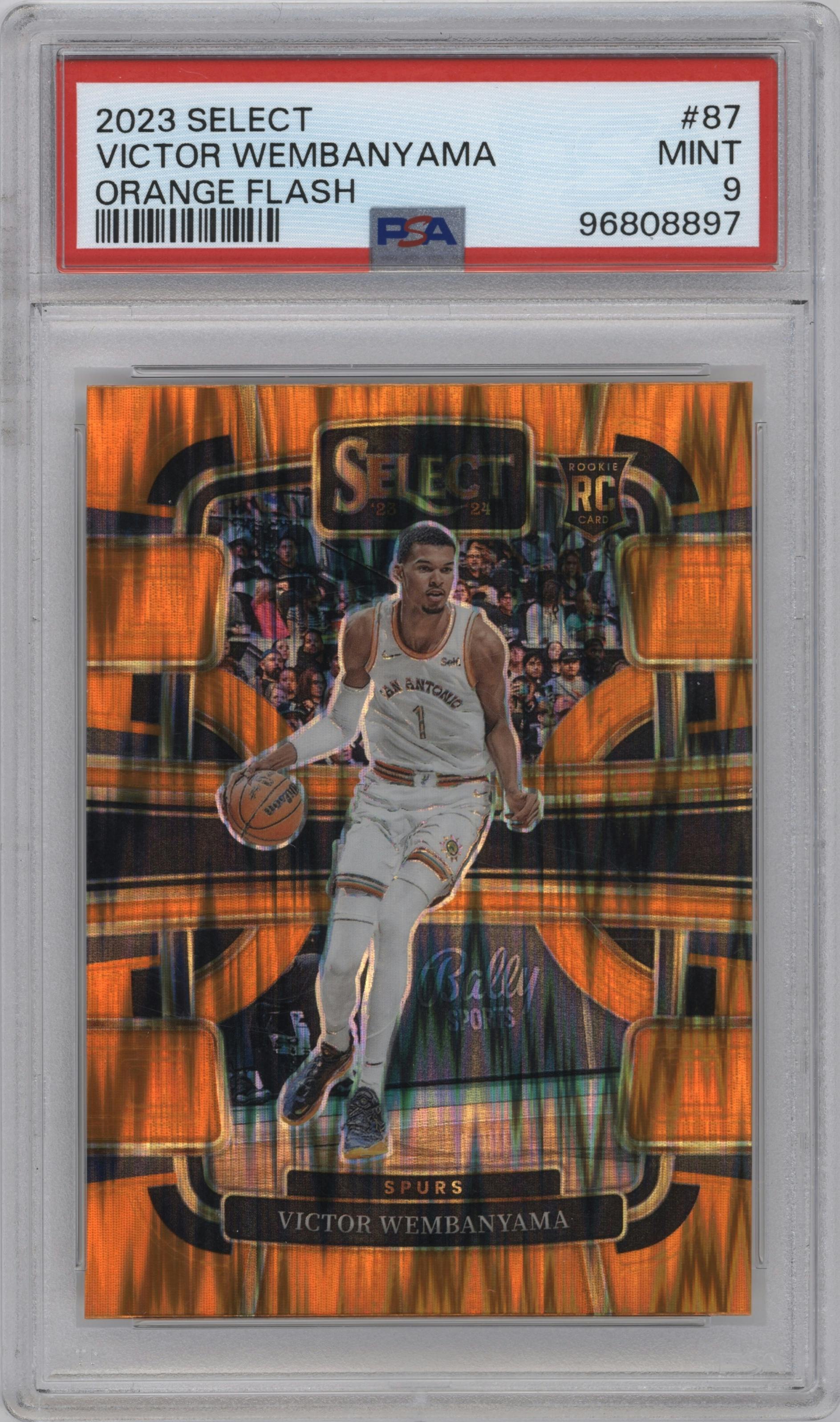 Victor Wembanyama from the 2023-24 Panini Select  set featuring a Orange Flash parallel graded by PSA and given an overall grade of 9.