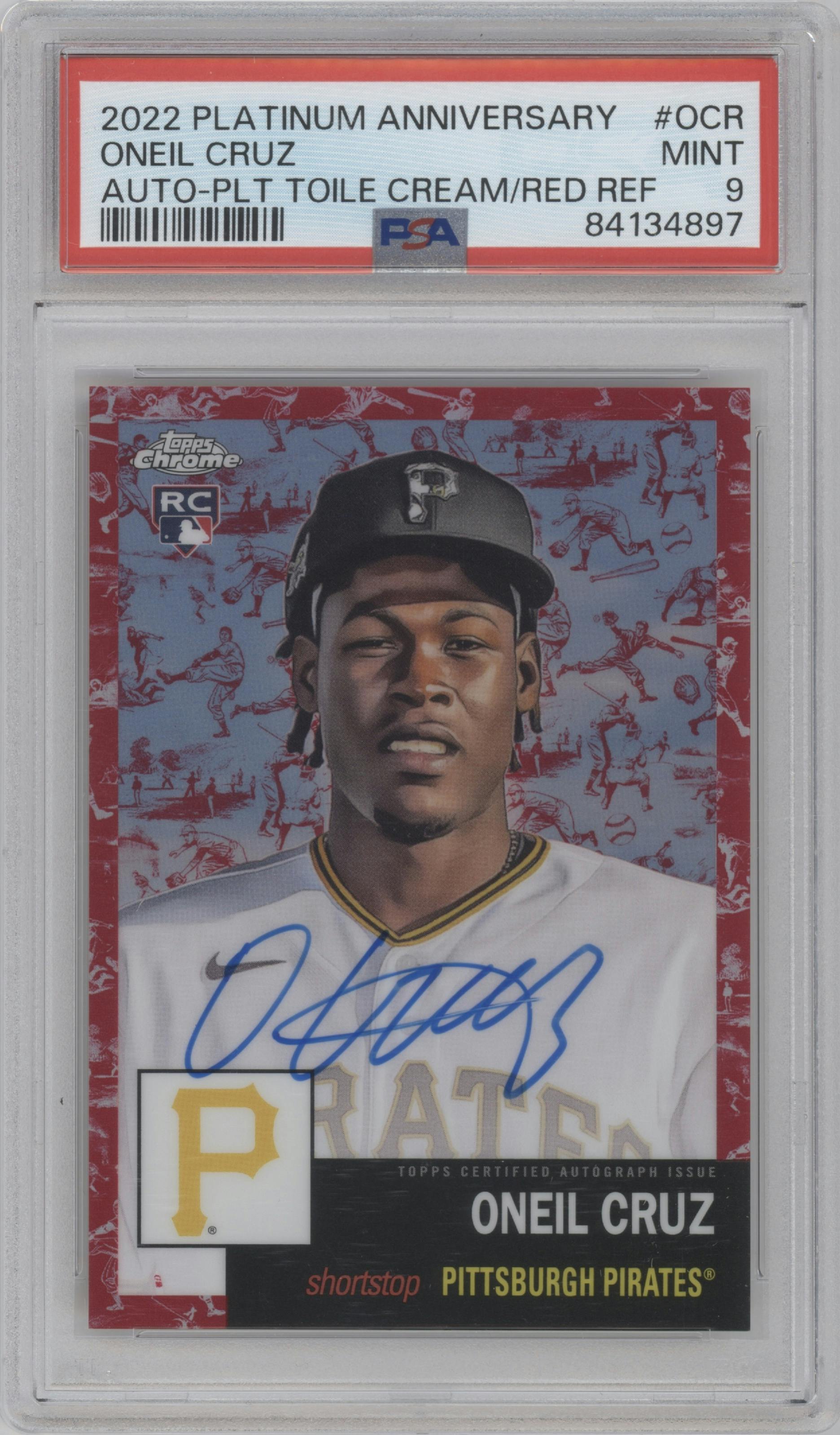 Oneil Cruz from the 2022 Topps Chrome Platinum Anniversary set featuring a Platinum Toile Cream/Red parallel graded by PSA and given an overall grade of 9.