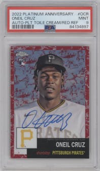 Oneil Cruz from the 2022 Topps Chrome Platinum Anniversary set featuring a Platinum Toile Cream/Red parallel graded by PSA and given an overall grade of 9.