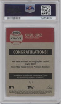 Oneil Cruz from the 2022 Topps Chrome Platinum Anniversary set featuring a Platinum Toile Cream/Red parallel graded by PSA and given an overall grade of 9.